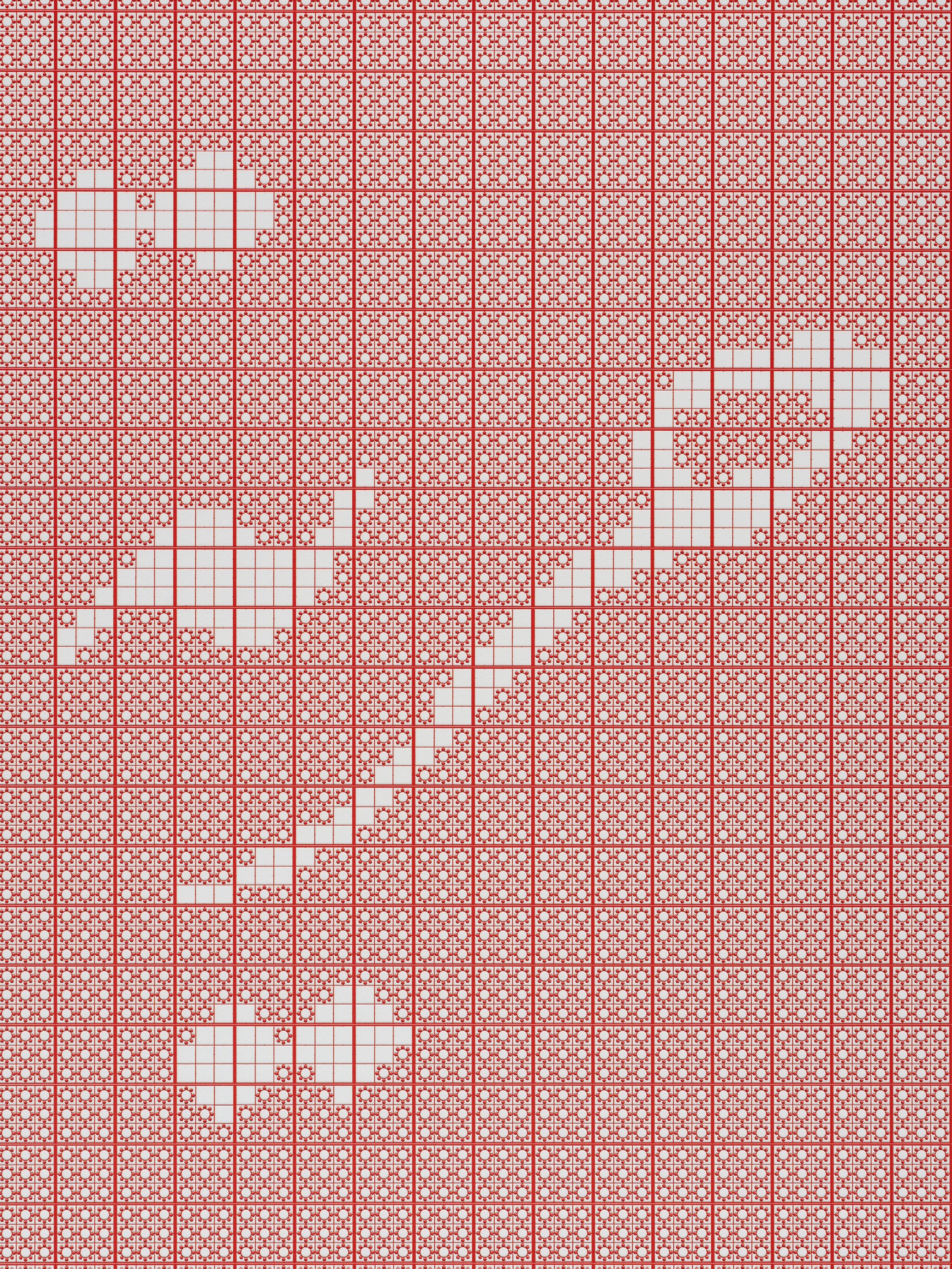 Red grid pattern with intricate designs, featuring white spaces forming a key shape across the center and abstract shapes around it.