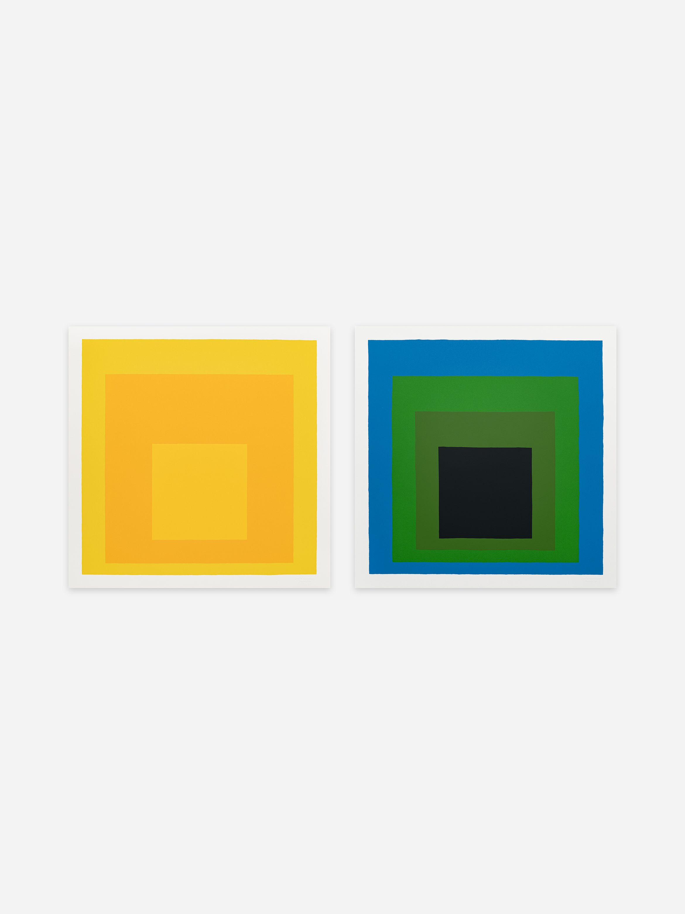 Two abstract paintings with concentric squares: one in shades of yellow, the other in blue, green, and black hues, on a white background.