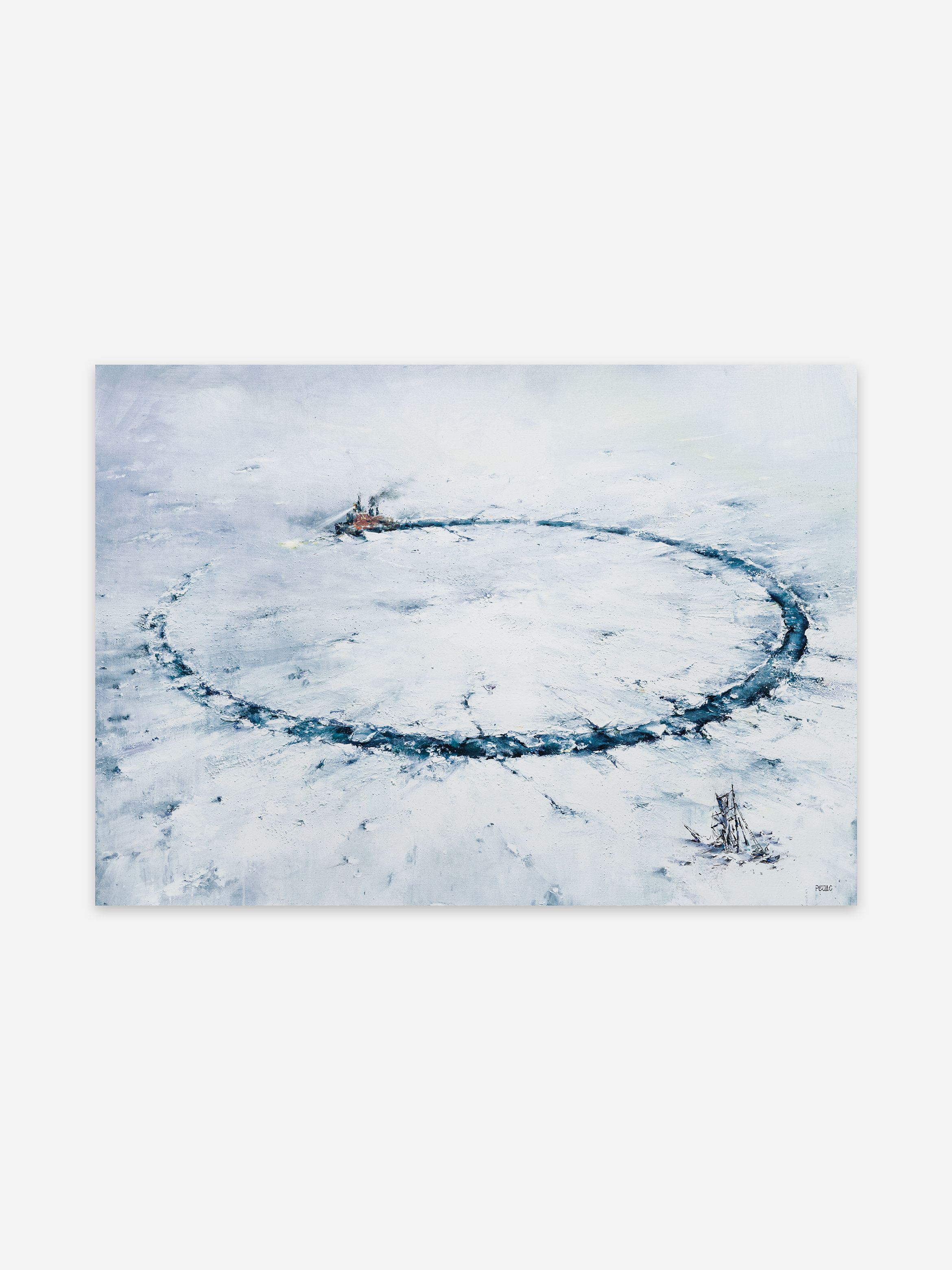 A painting of an icebreaker carving a wide circular path through the ice, with another vessel trapped nearby, set against snow-covered terrain beneath an overcast sky. A painting of an icebreaker carving a wide circular path through the ice, with another vessel trapped nearby, set against snow-covered terrain beneath an overcast sky.