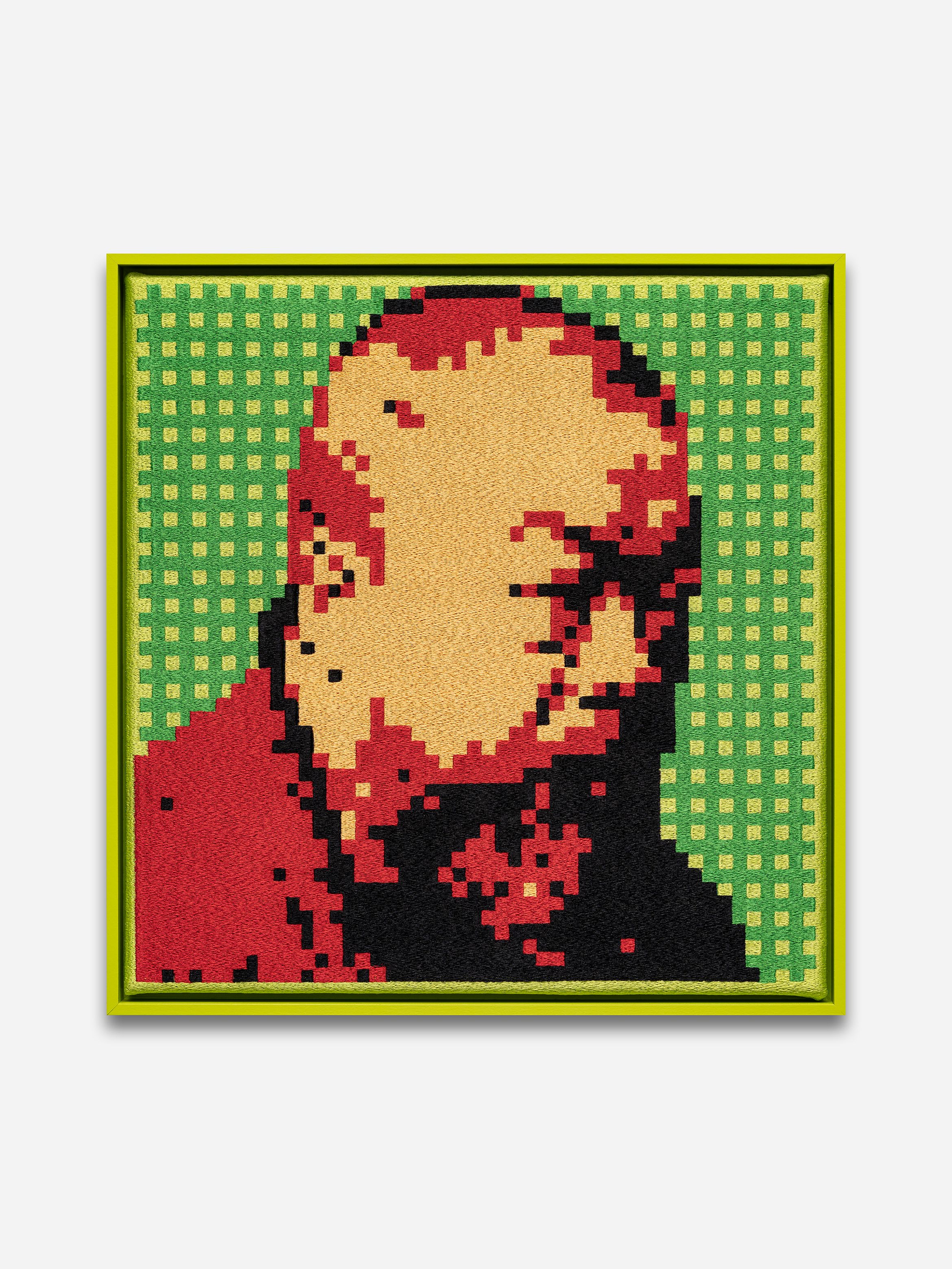 Pixelated pop-art portrait of a bald head in red, yellow and black on a green chequerboard background, framed in lime green.