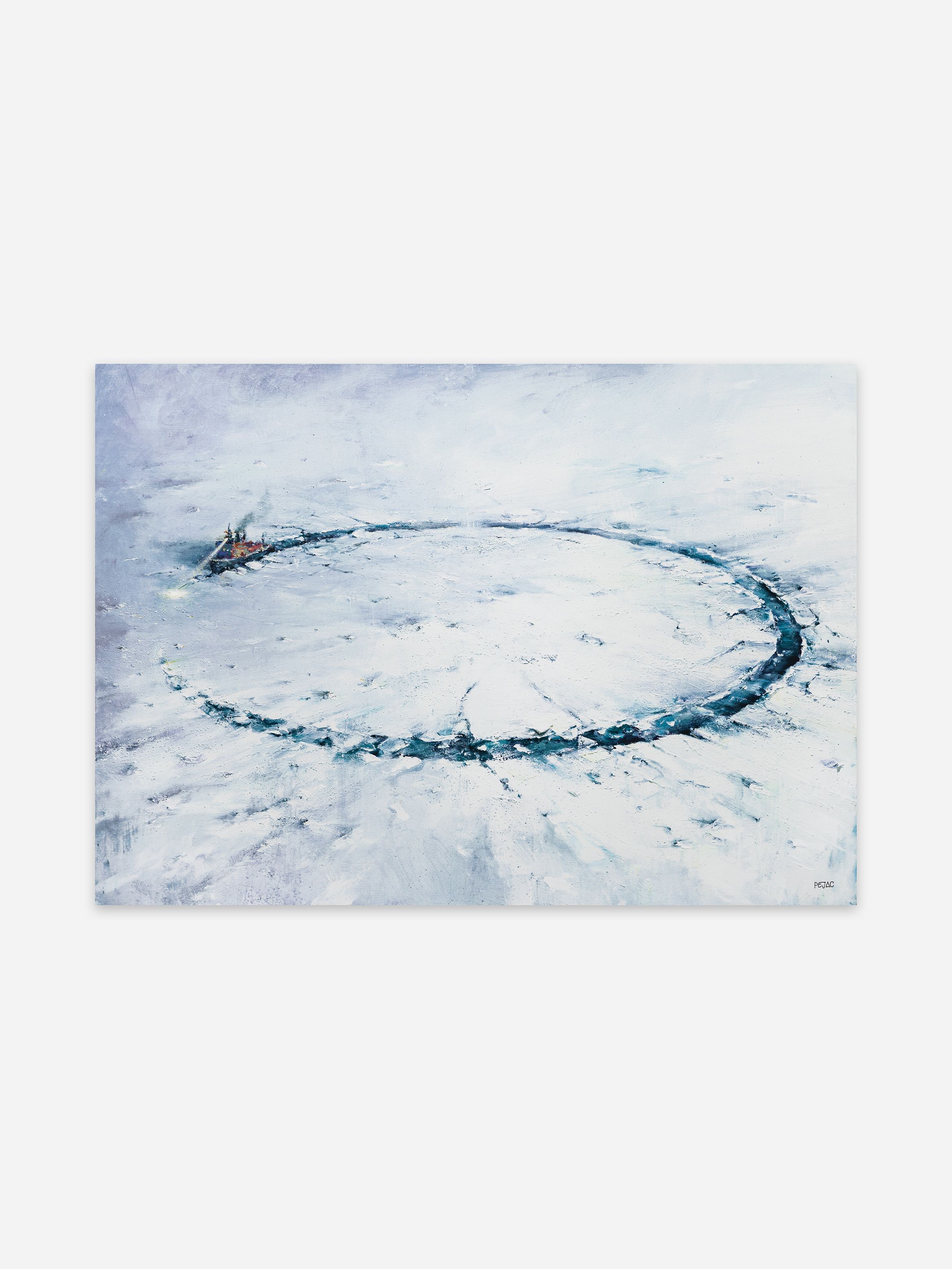 Painting of an icebreaker ship forming a large circular path in the ice, surrounded by snow-covered terrain under an overcast sky.