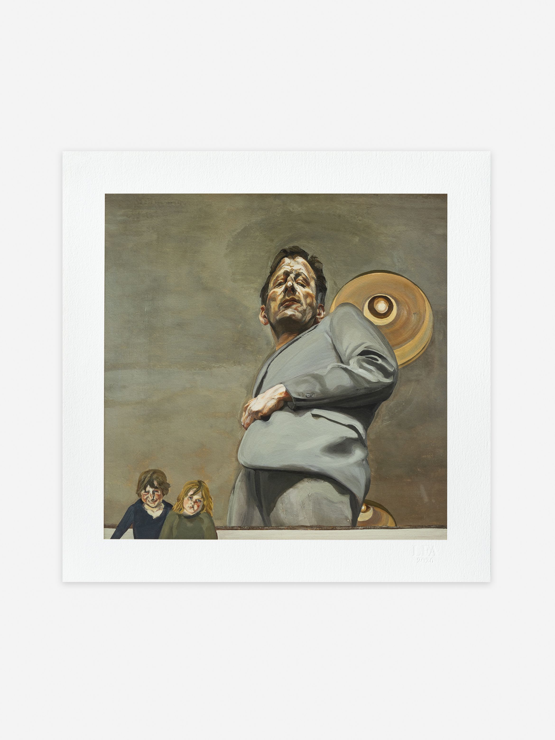 Painting of a man in grey standing with hands on hips, looking downwards. Two smaller figures are in the background, with circular lights above.