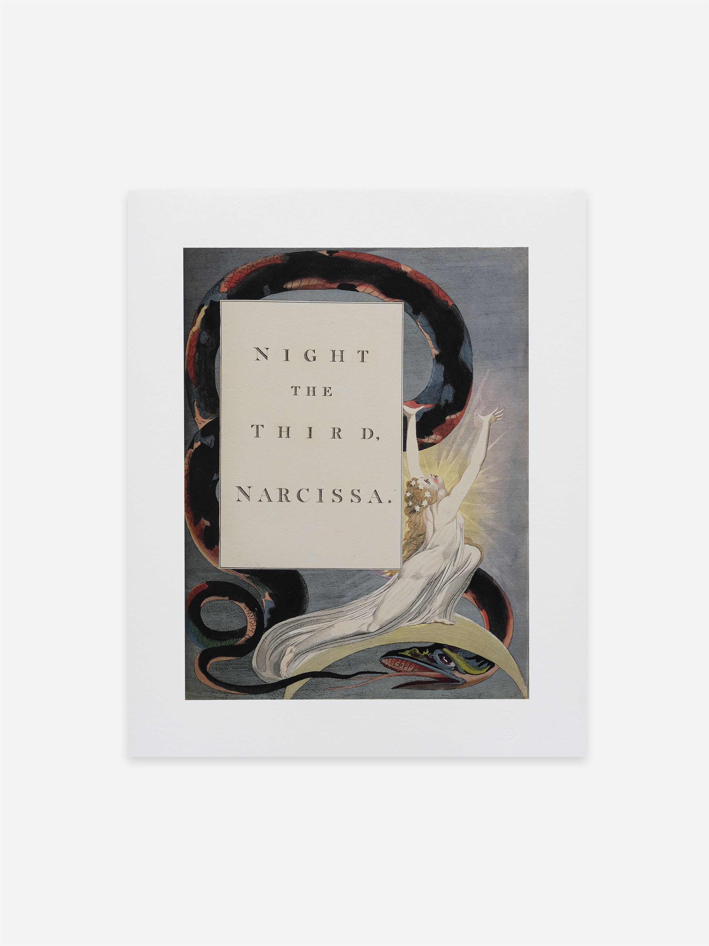 Illustration titled "Night the Third: Narcissa" with a figure in flowing robes and a snake in the background. Illustration titled "Night the Third: Narcissa" with a figure in flowing robes and a snake in the background.
