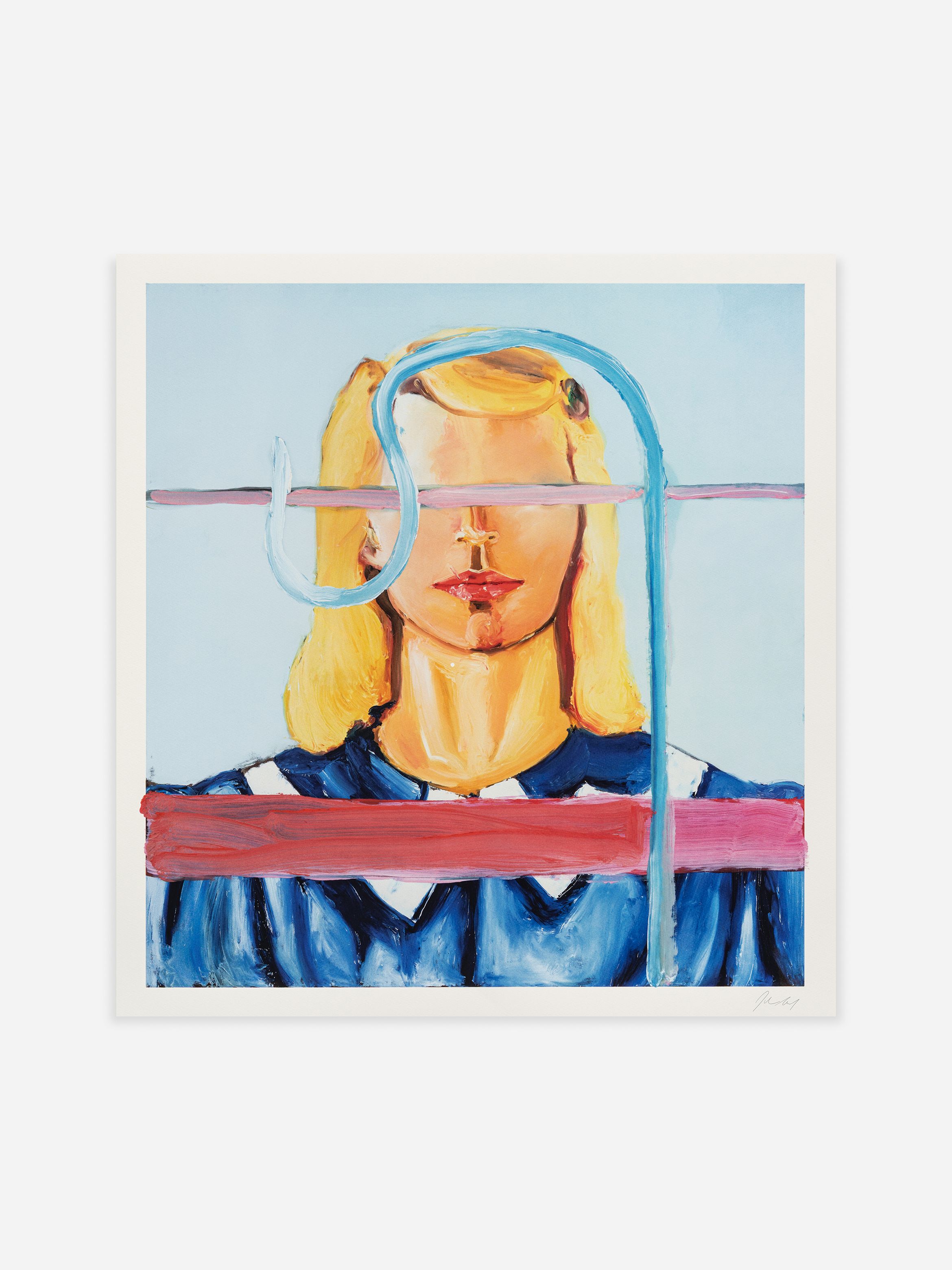 Abstract painting of a blonde person in a blue outfit, obscured by horizontal red and pink lines, set against a light blue background.