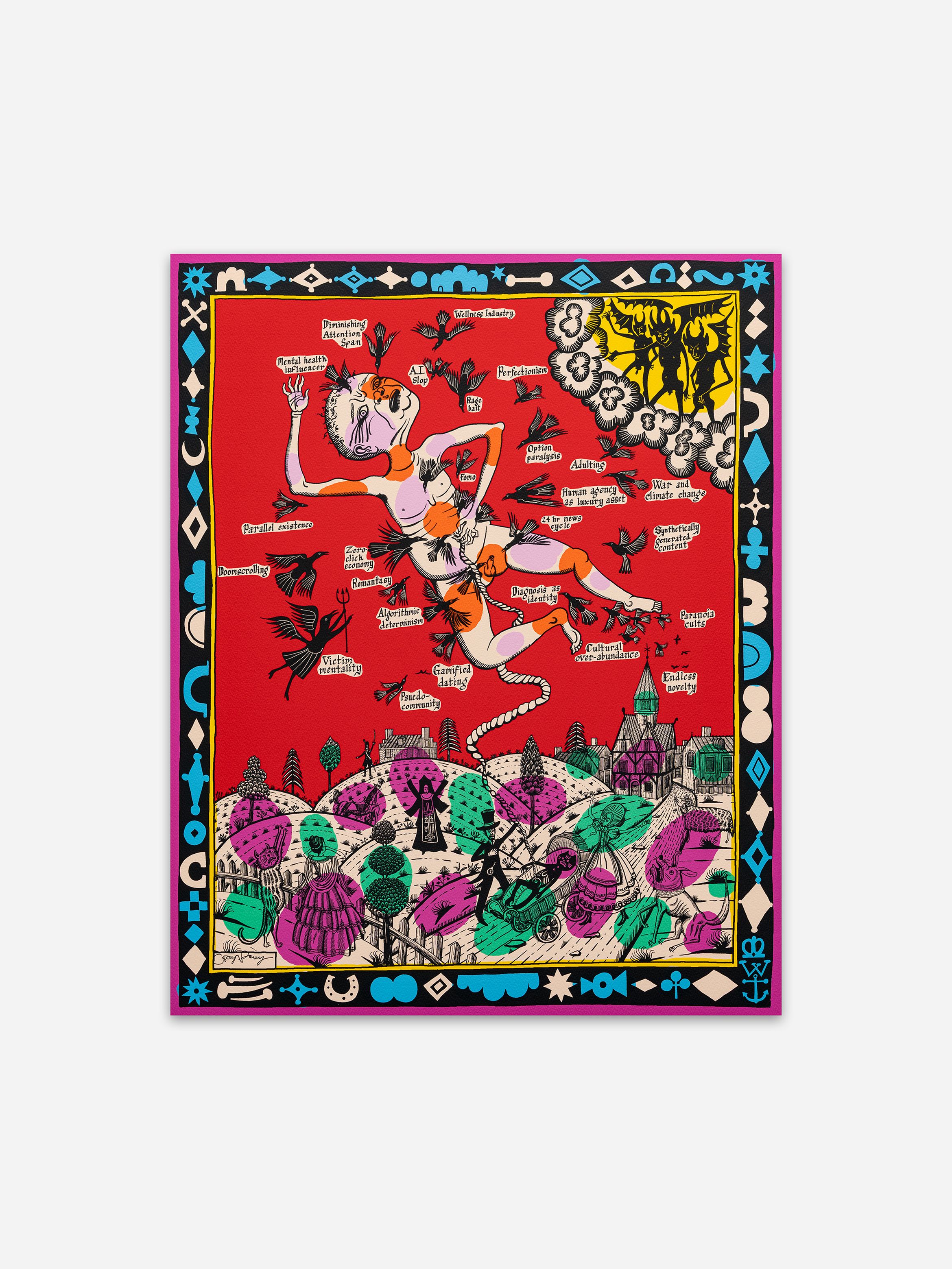 Colourful, whimsical artwork featuring a flying figure over a vibrant landscape with trees, animals, and various symbols against a red background.