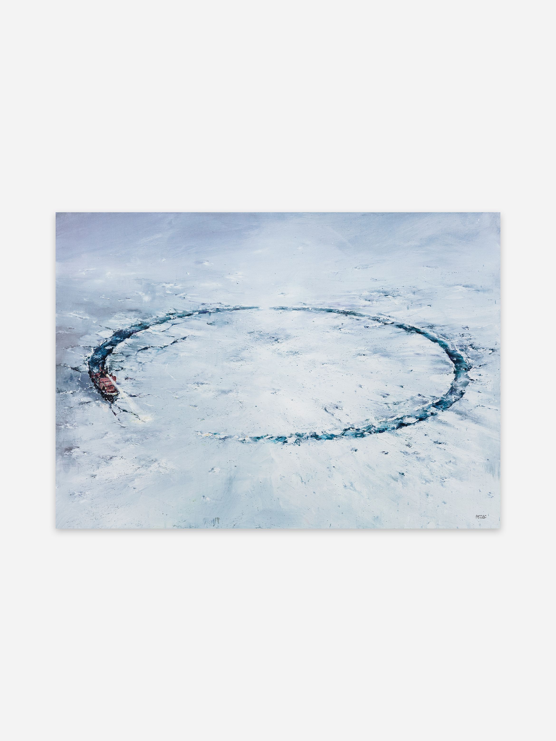 Painting of an icebreaker ship forming a large circular path in the ice, surrounded by snow-covered terrain under an overcast sky.