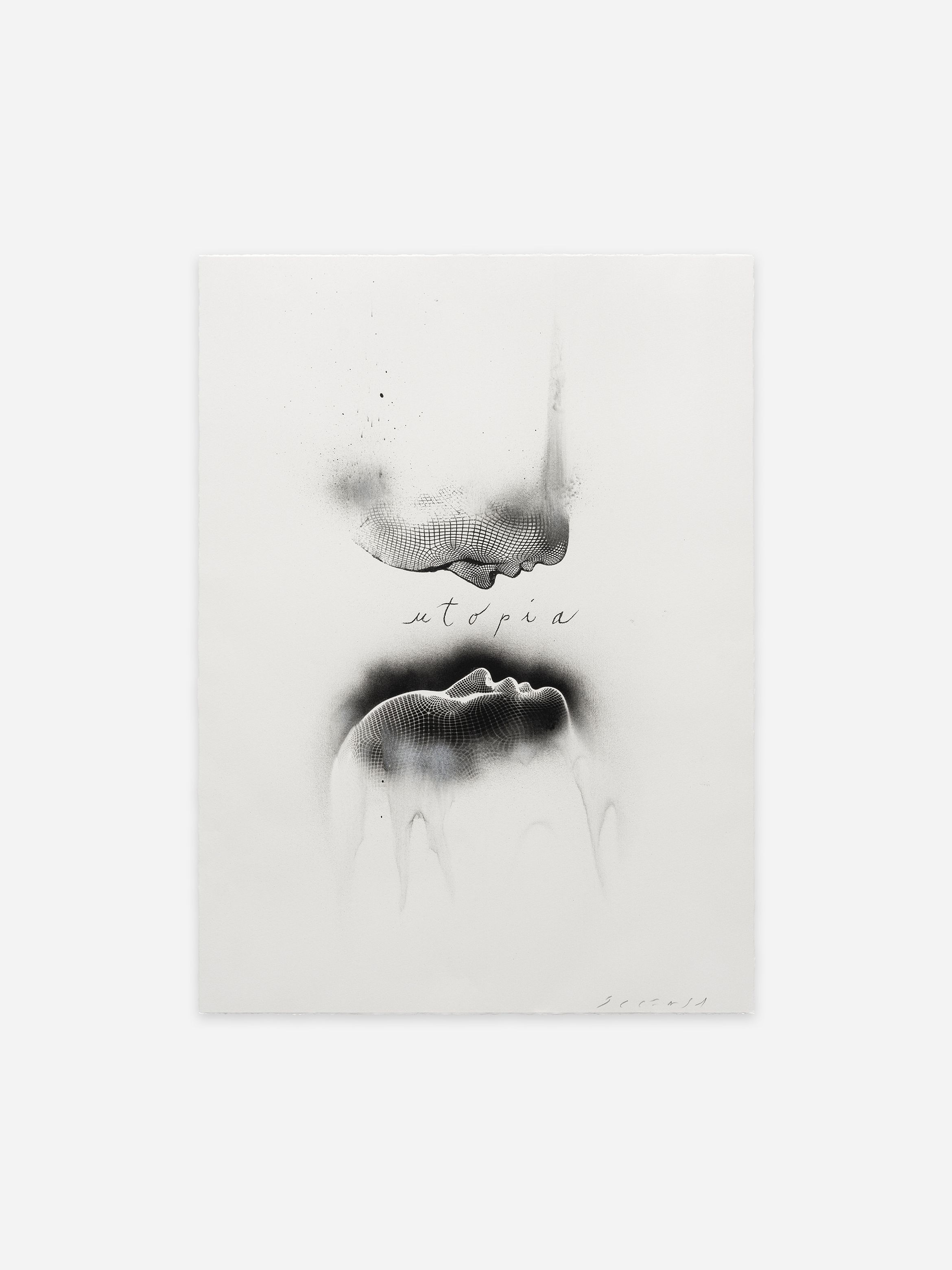 Monochrome abstract art with a mesh profile, ink splatters, and the word "utopia" in cursive.