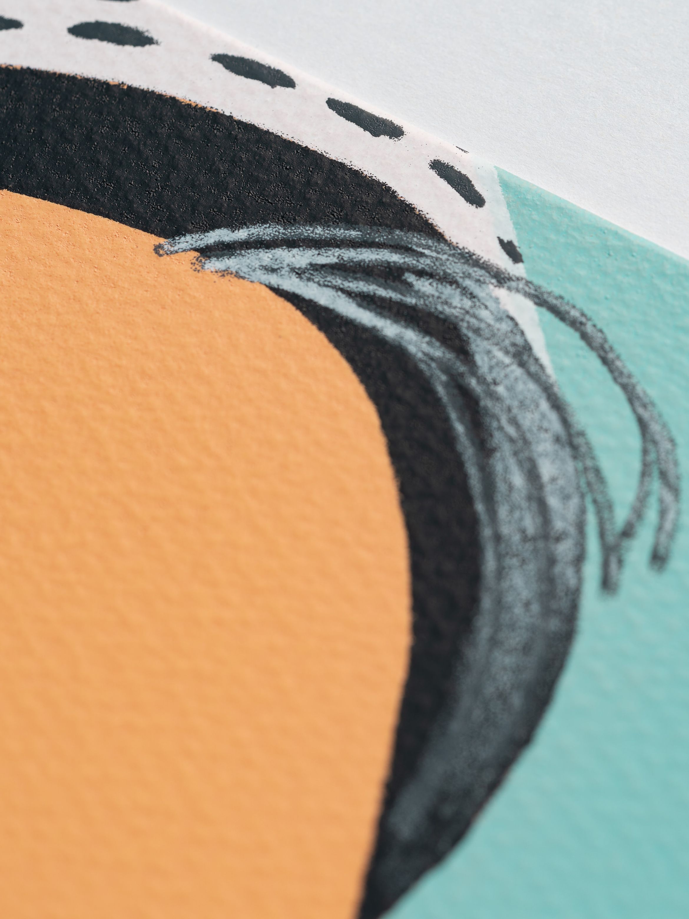 Close-up of a textured illustration featuring abstract shapes in peach, black, and teal, with dotted patterns and curved lines.
