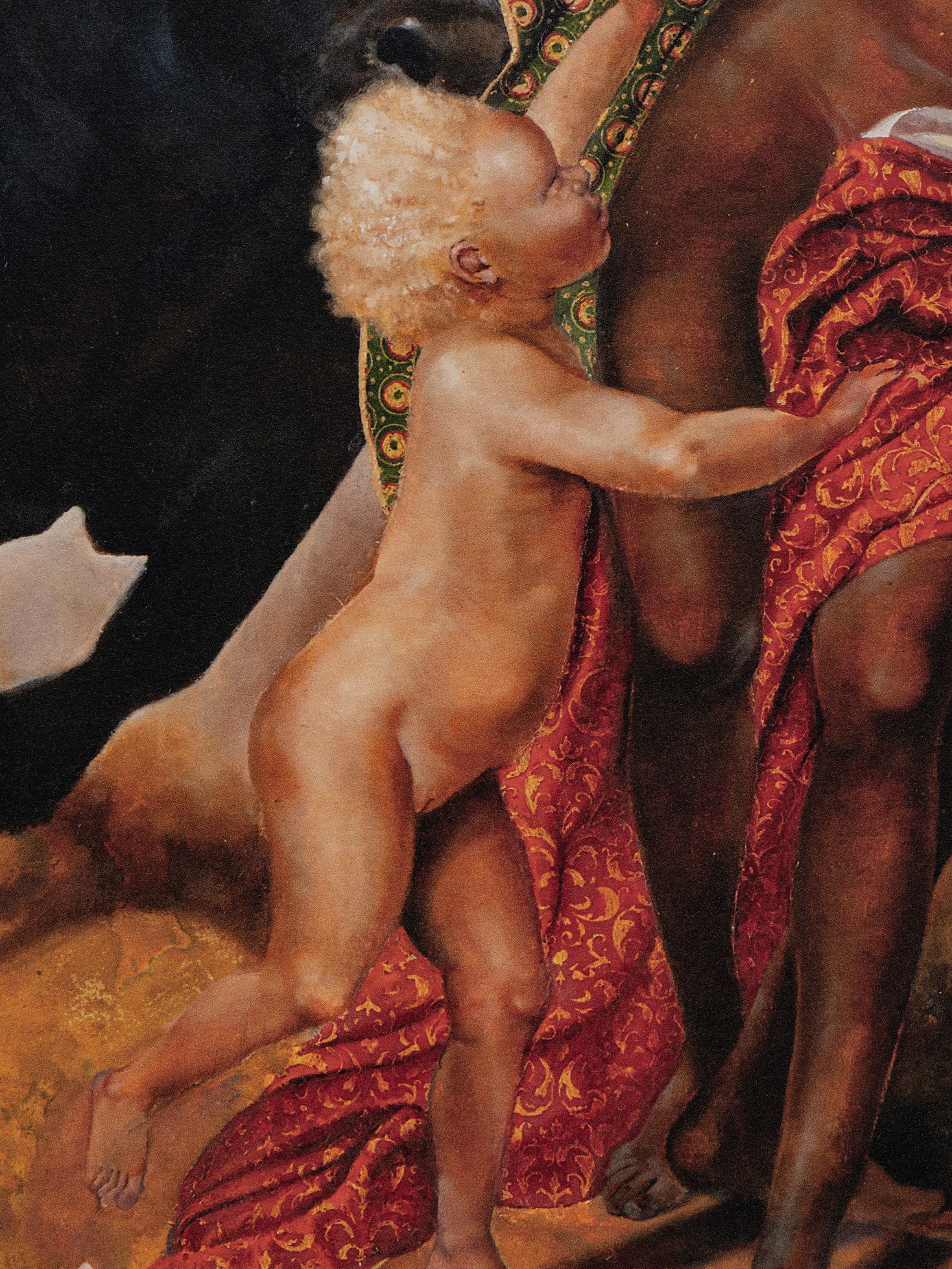 A cherubic child with curly blond hair reaches out, standing beside an ornate red and gold draped fabric.