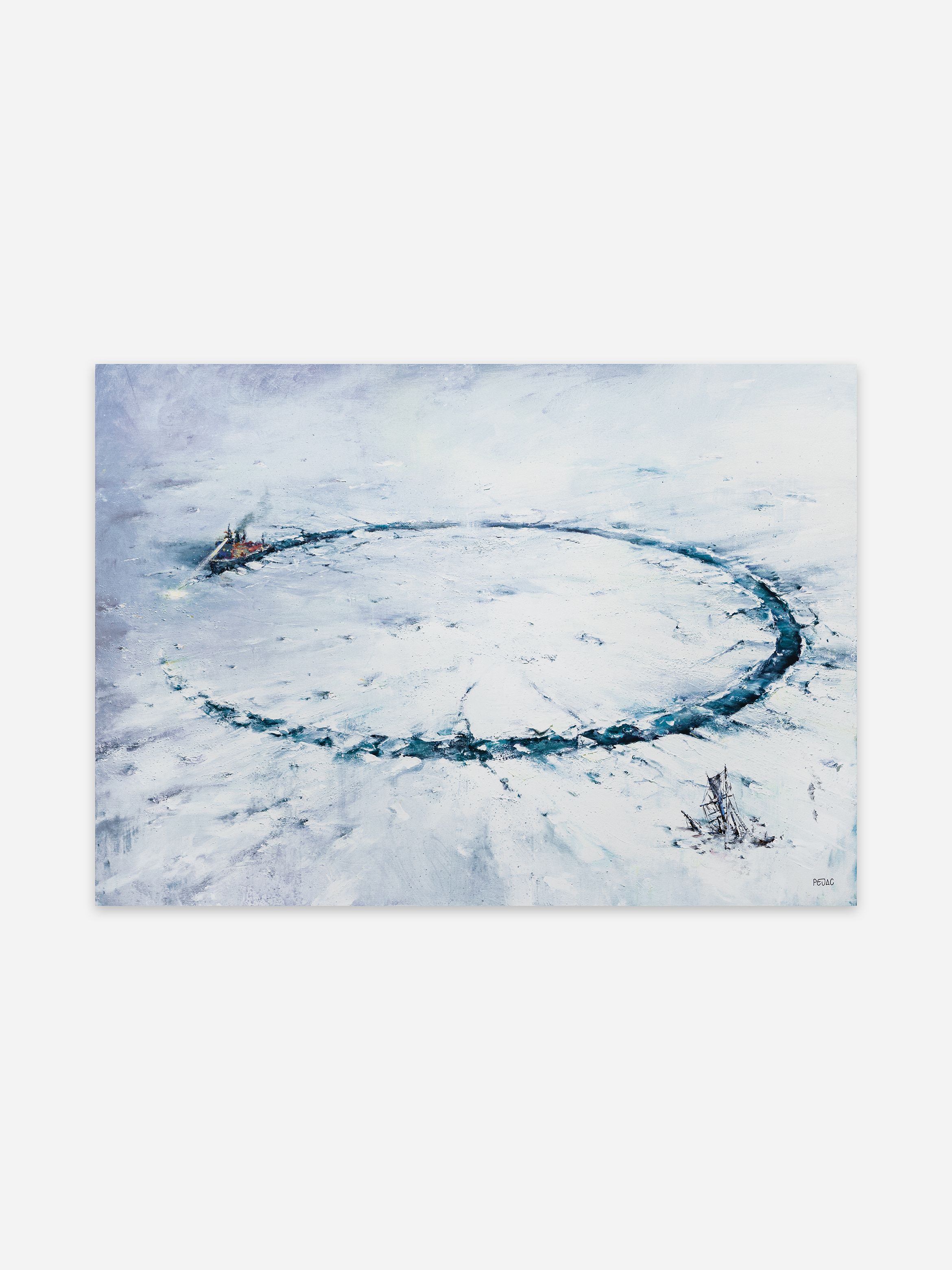 A painting of an icebreaker carving a wide circular path through the ice, with another vessel trapped nearby, set against snow-covered terrain beneath an overcast sky.