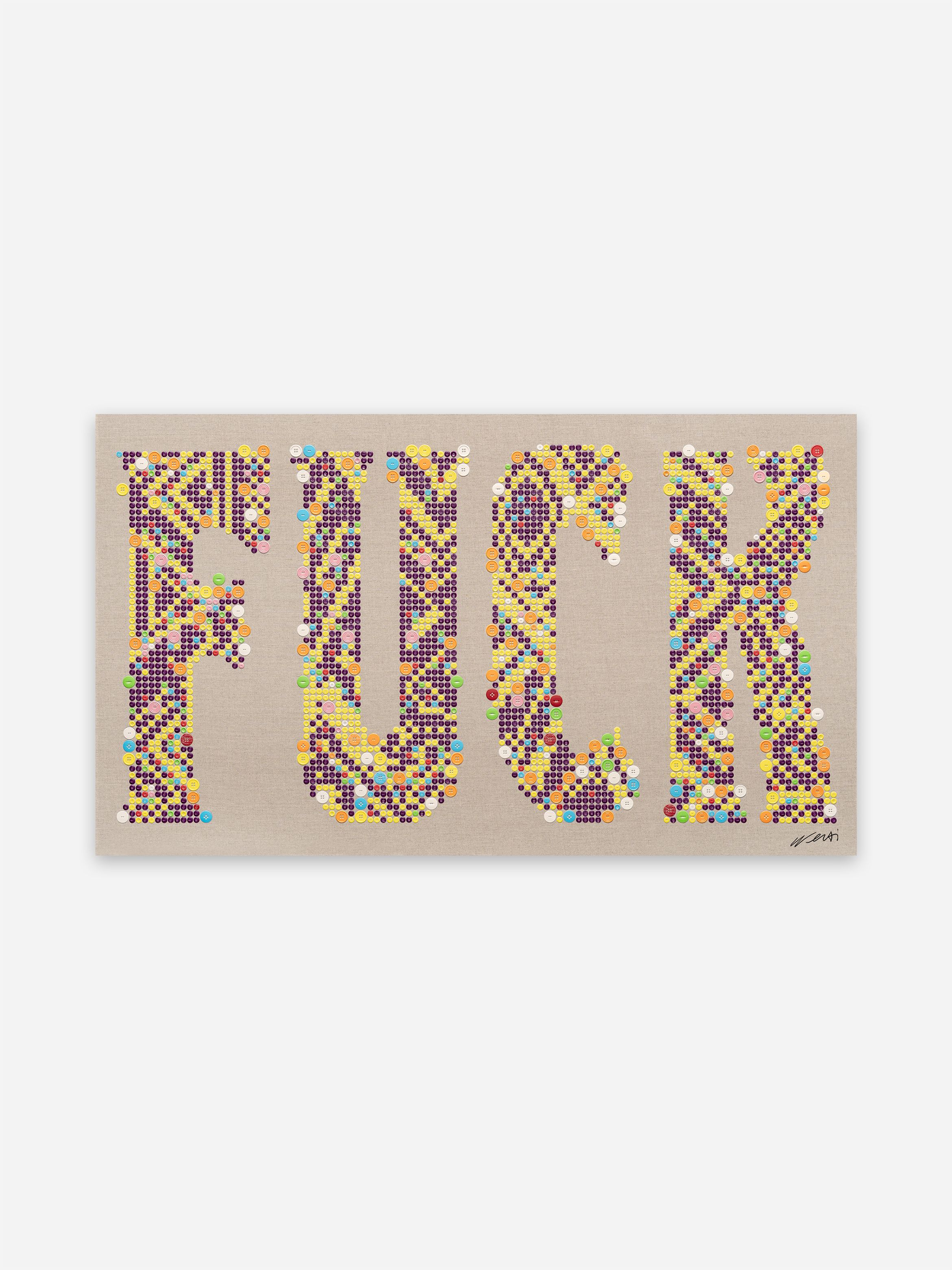 The word "FUCK" is artistically decorated with colorful buttons and beads on a beige canvas. The word "FUCK" is artistically decorated with colorful buttons and beads on a beige canvas.