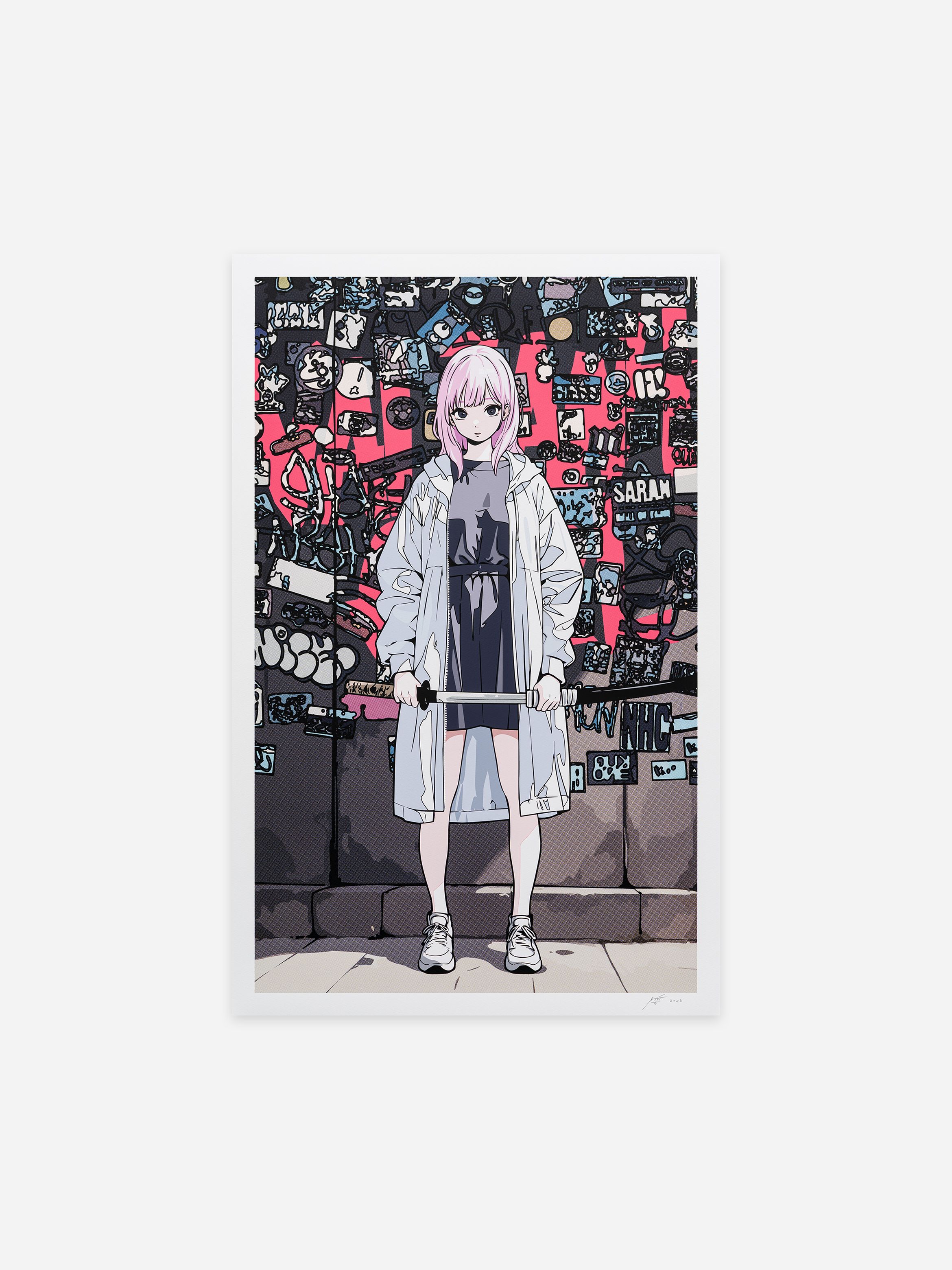 Anime-style character with pink hair and white coat, holding a sword against a vibrant, graffiti-covered wall background. Anime-style character with pink hair and white coat, holding a sword against a vibrant, graffiti-covered wall background.