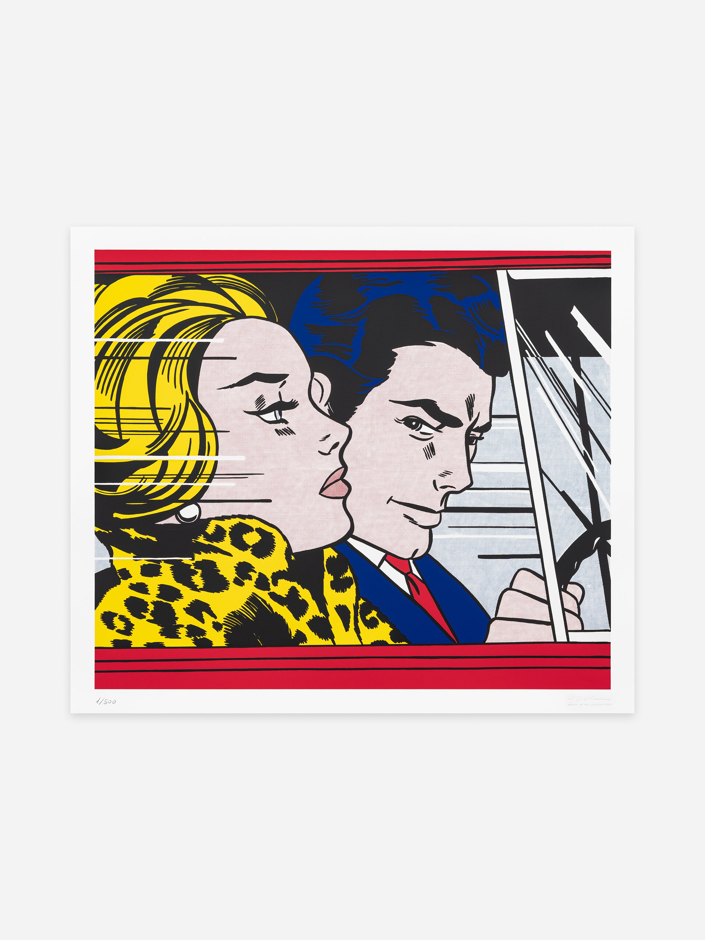 Pop art image of a couple in a car, with the woman in a yellow leopard print coat and the man steering, both looking serious.