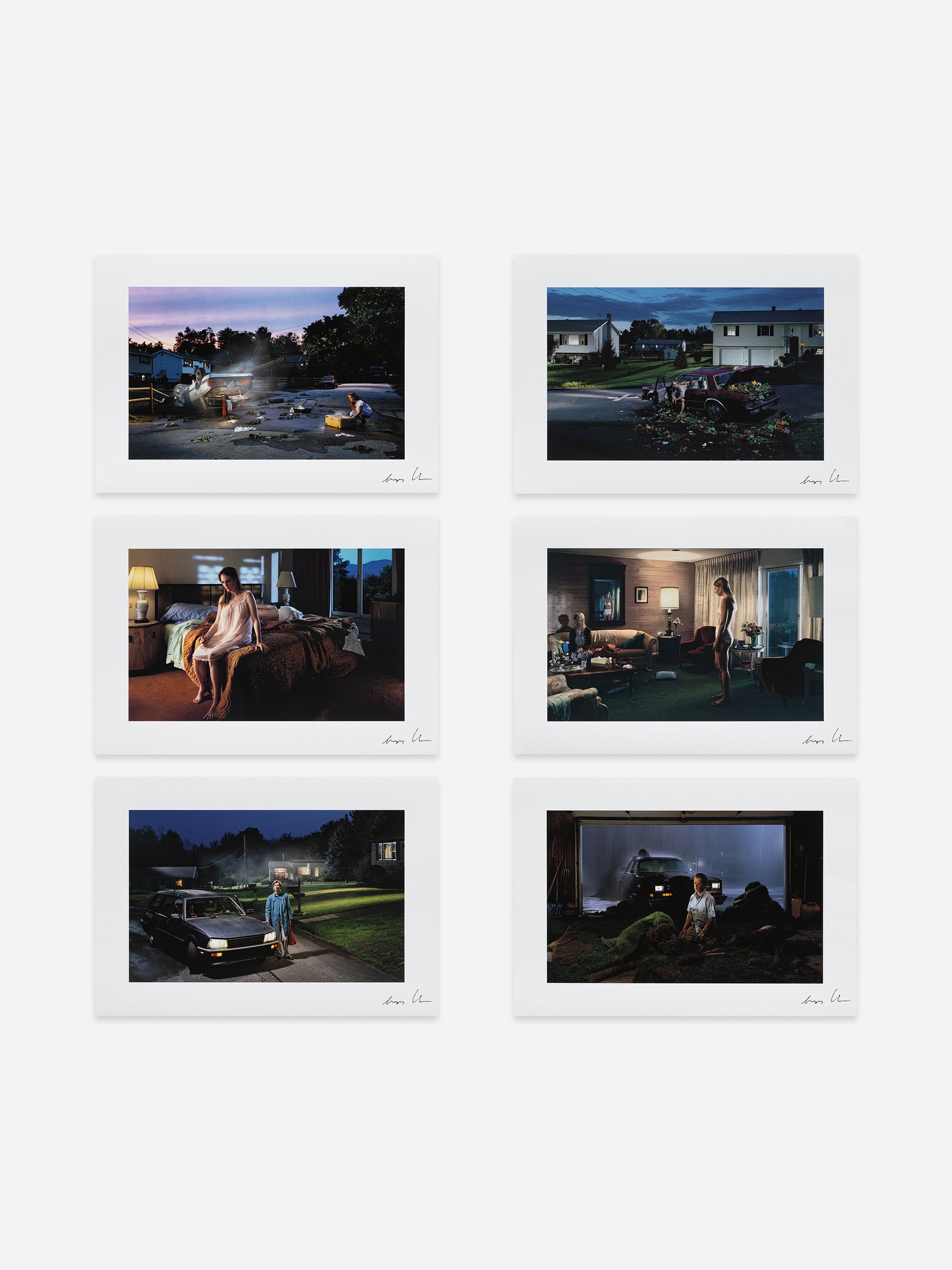 Six stylized photographs depict suburban life with dramatic lighting and cinematic scenes, featuring people in various settings and mysterious moods.