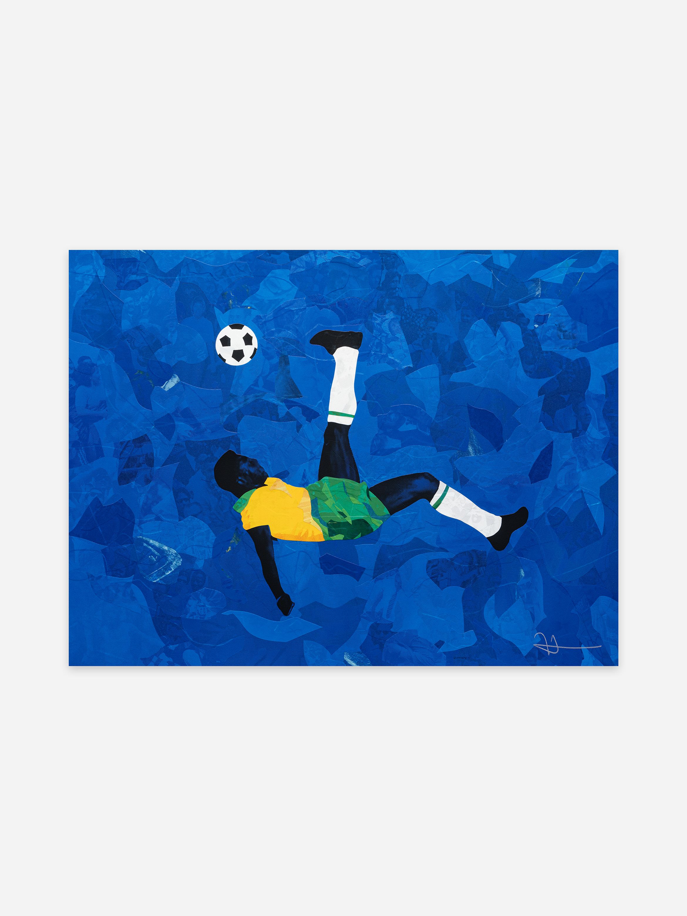 Colourful artwork of a soccer player in mid-bicycle kick against a vibrant blue background, wearing a yellow and green uniform.