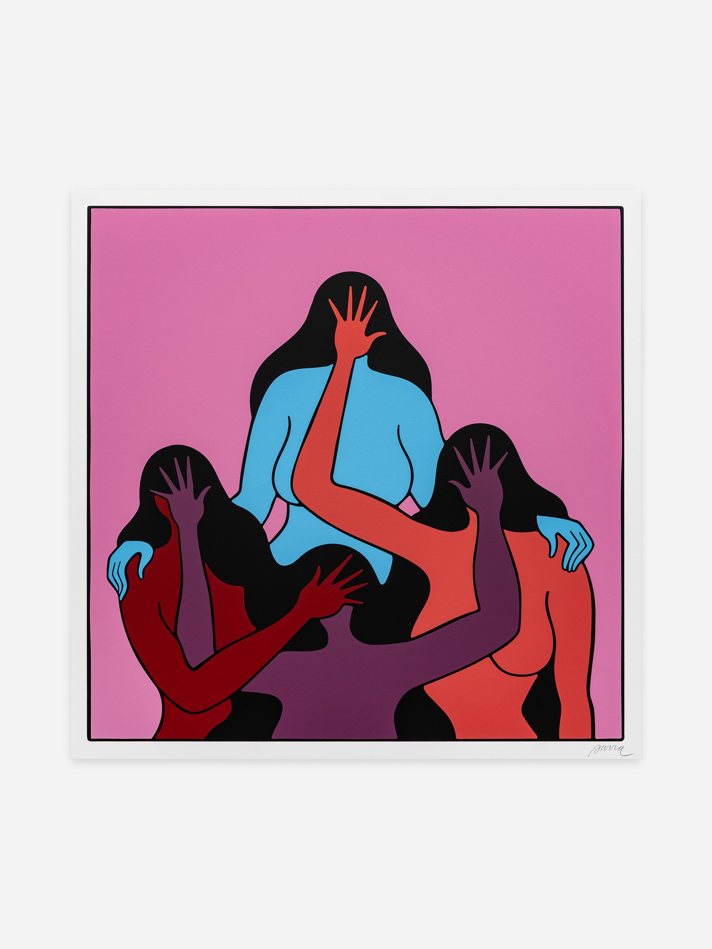 Abstract art of interlocked colourful silhouettes with flowing hair and extended hands against a pink background. Abstract art of interlocked colourful silhouettes with flowing hair and extended hands against a pink background.