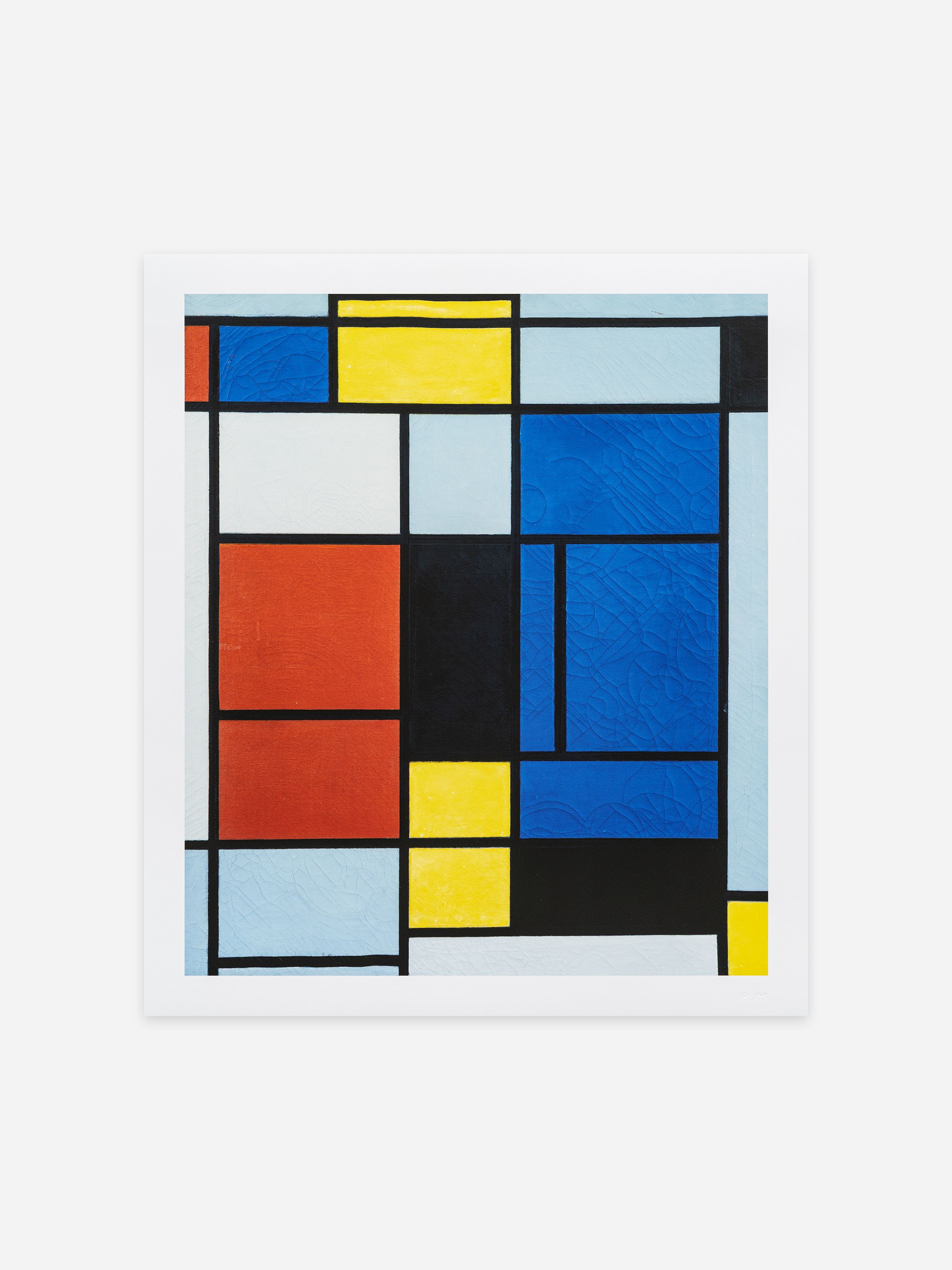 Abstract painting with squares and rectangles in red, blue, yellow, black, and white, separated by thick black lines. Abstract painting with squares and rectangles in red, blue, yellow, black, and white, separated by thick black lines.