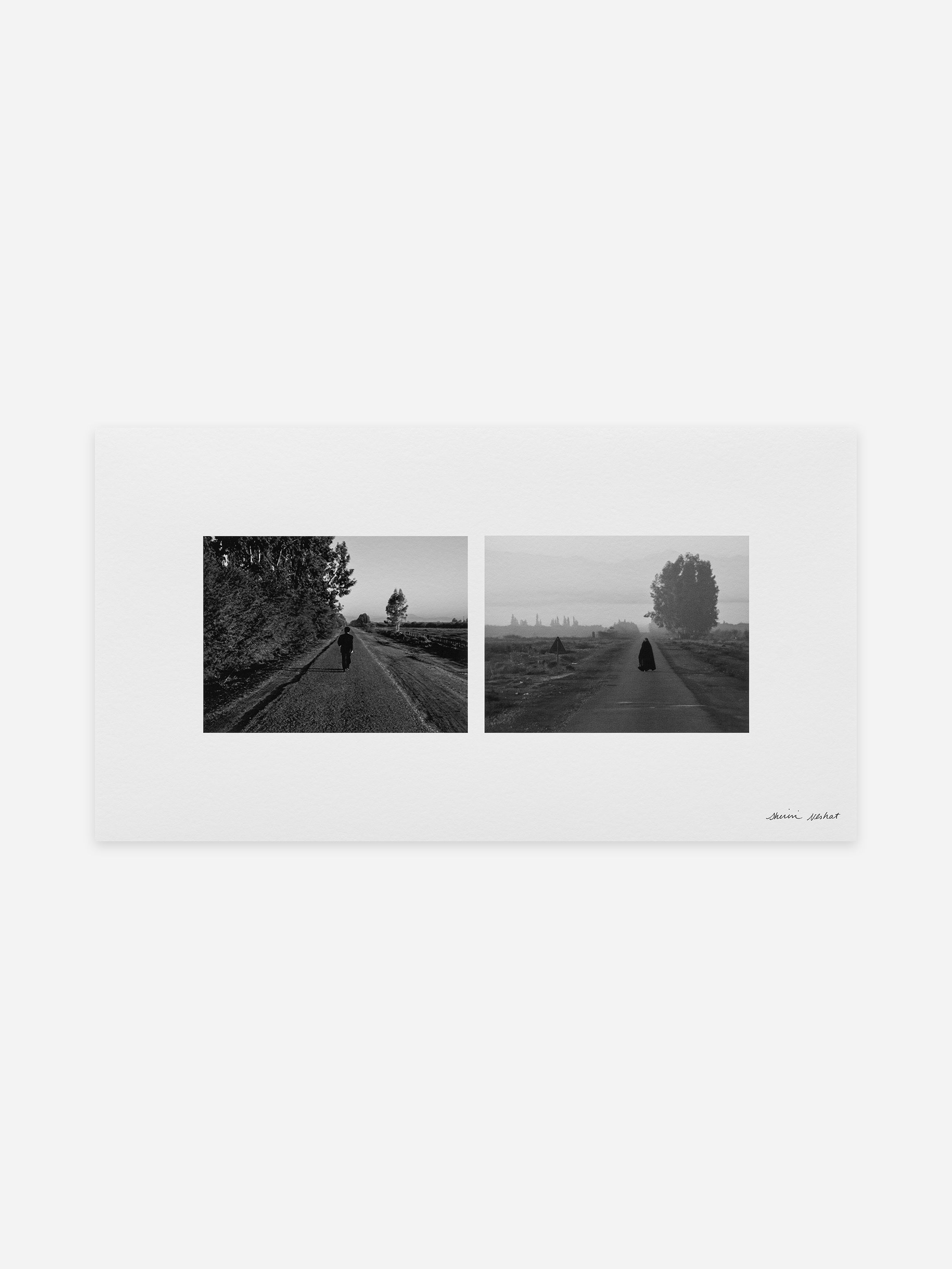 Two black and white photos side by side depict a solitary figure on rural dirt roads under vast skies, creating a serene, introspective scene.