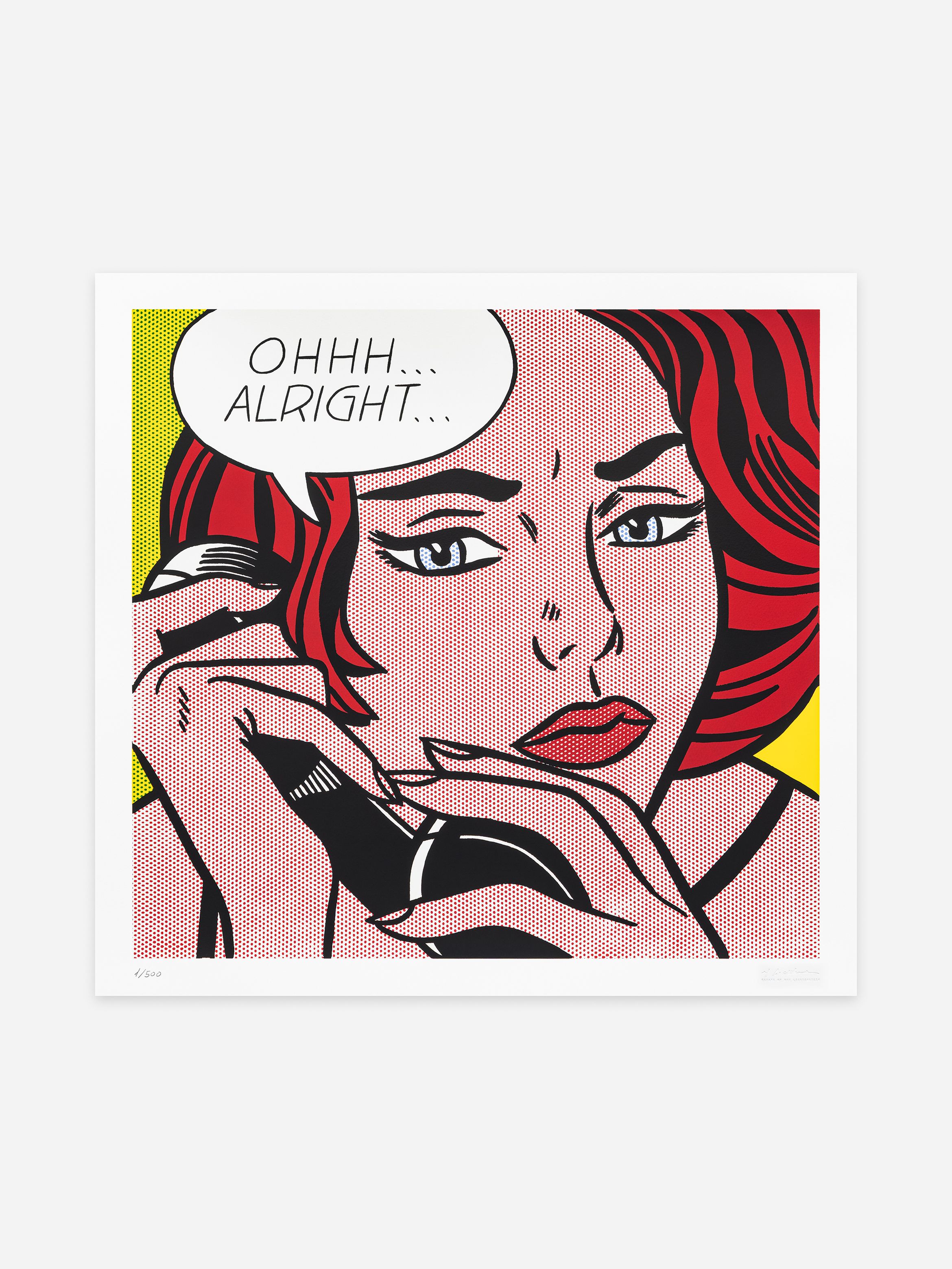 Pop art style illustration of a woman with red hair holding a phone, saying "OHHH... ALRIGHT..." in a speech bubble on a yellow background.
