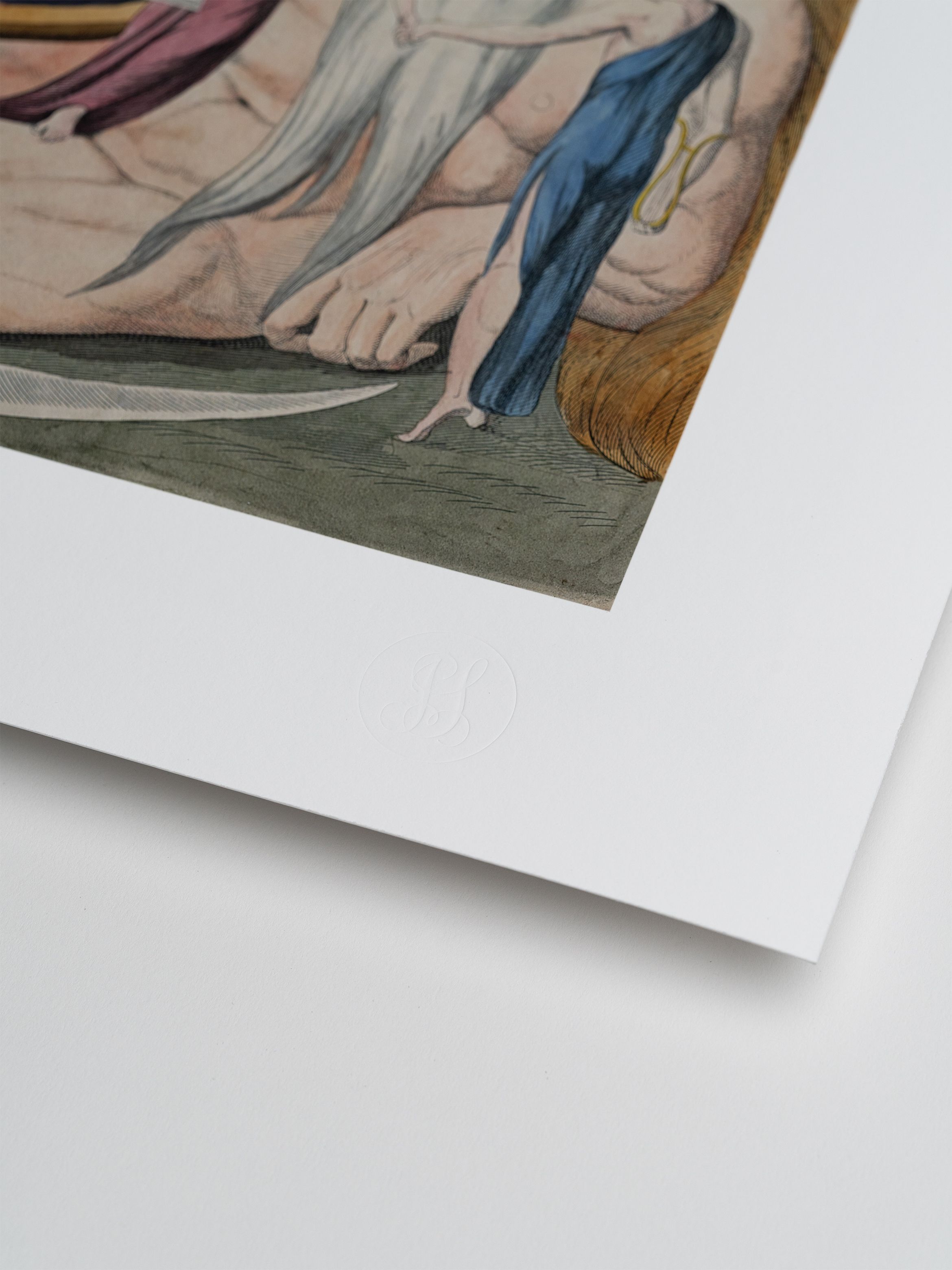 Close-up of a detailed illustration print on white paper, featuring a portion of a human figure draped in colourful fabric.