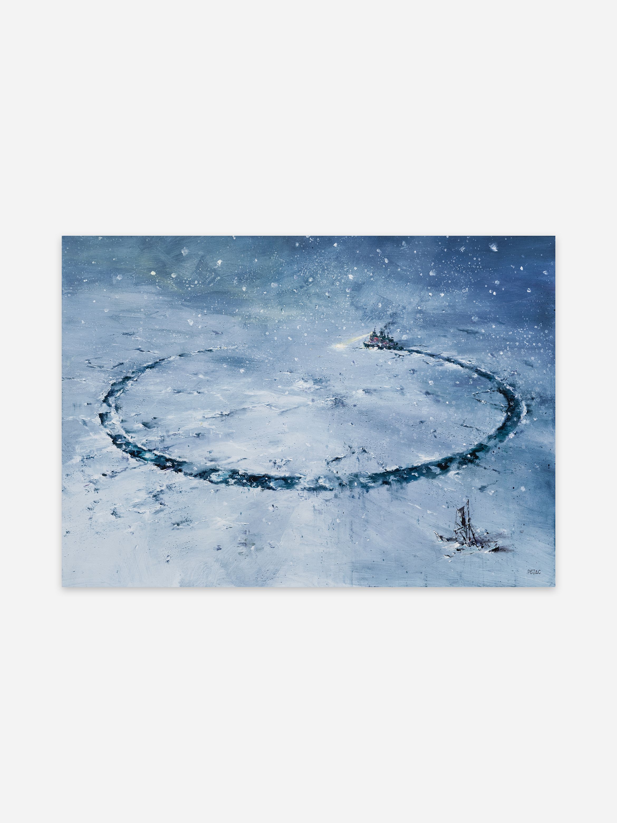 A painting of an icebreaker carving a wide circular path through the ice, with another vessel trapped nearby, set against snow-covered terrain beneath an overcast sky.