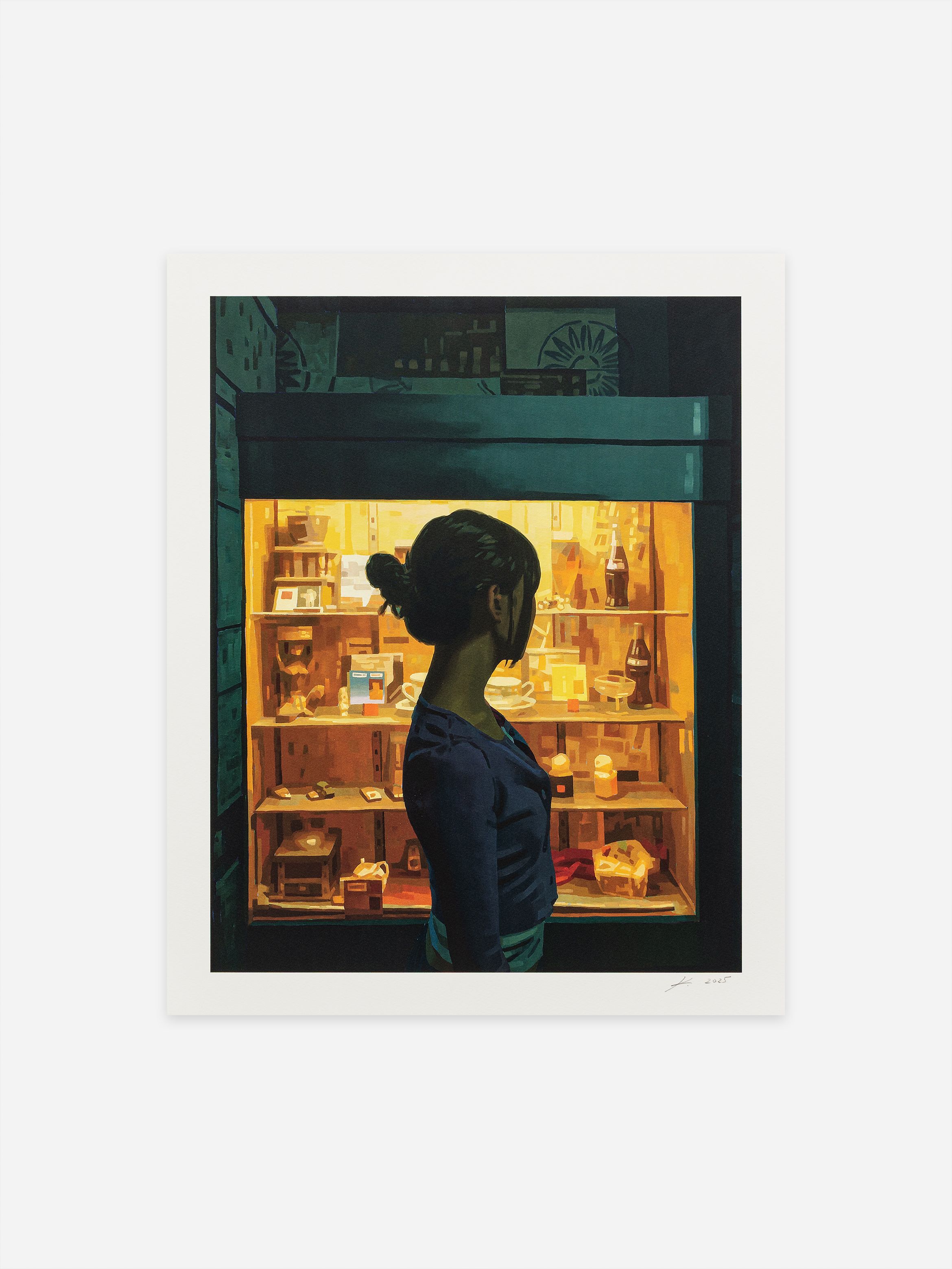 A woman in a blue dress stands in front of a warmly lit display window filled with various small items, casting a soft glow around her. A woman in a blue dress stands in front of a warmly lit display window filled with various small items, casting a soft glow around her.