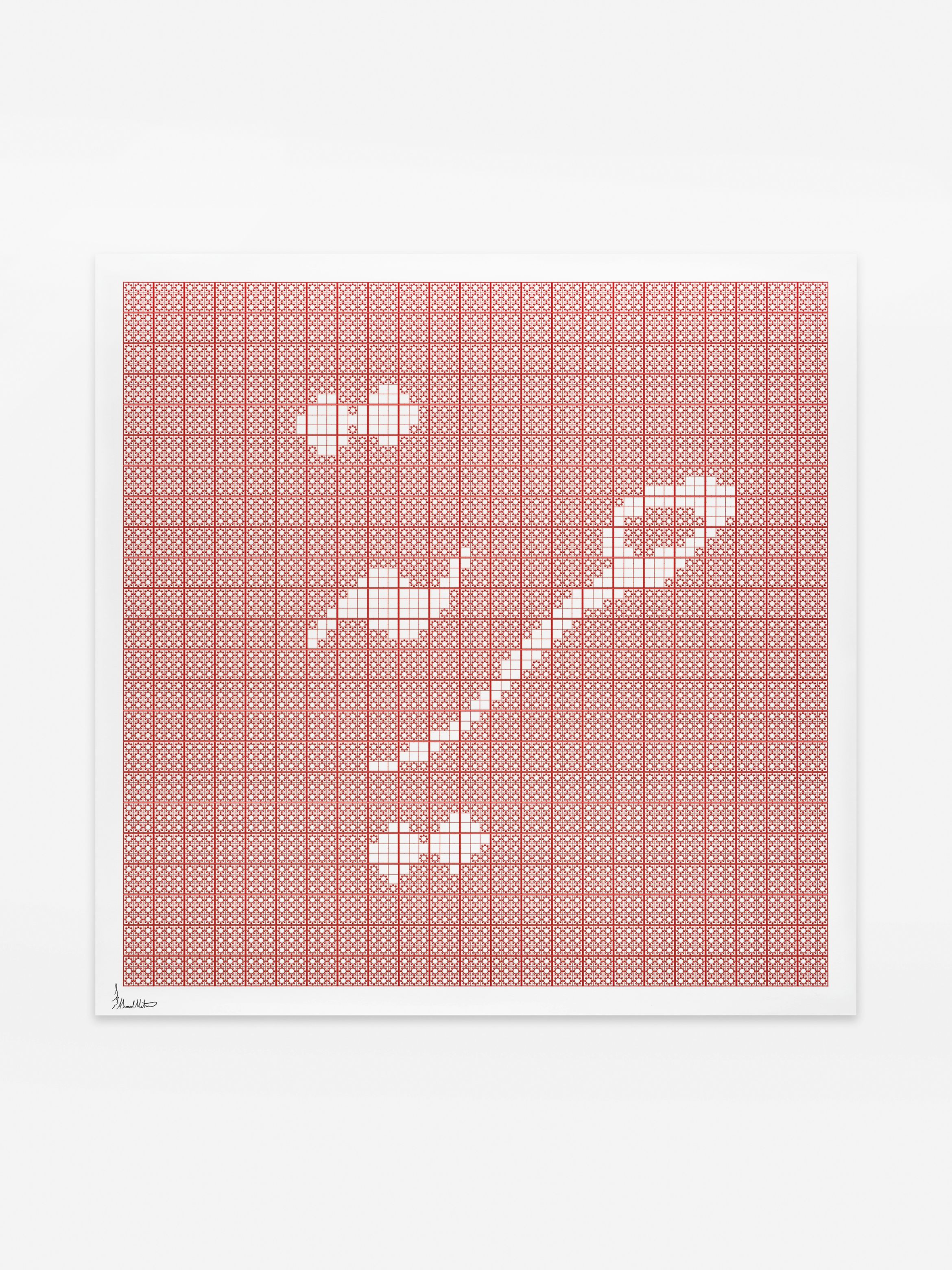 Abstract red and white rectangular grid with organic shapes formed by negative space, resembling clouds and a winding path.