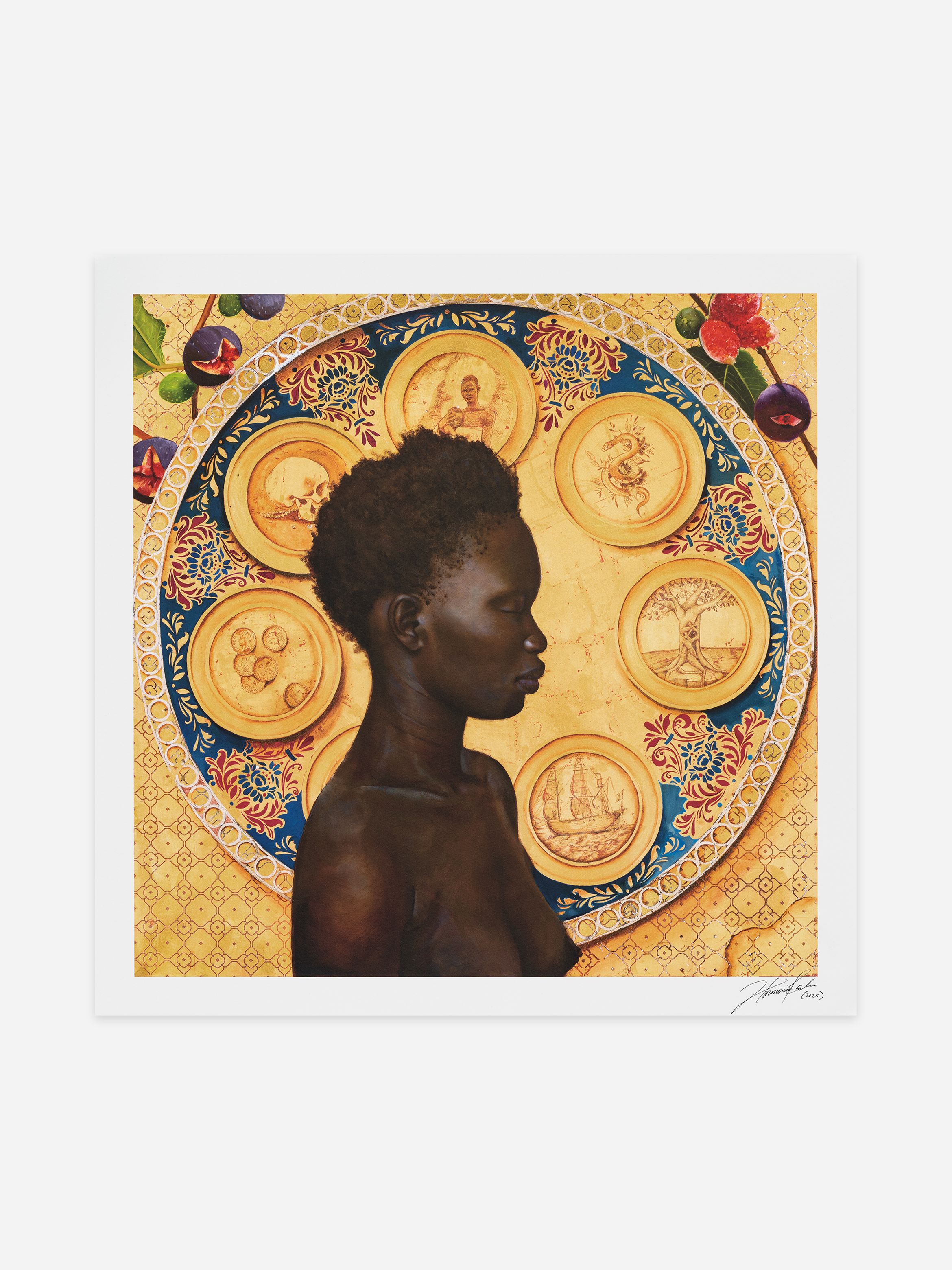 A profile of a person against a decorative background with circular motifs and intricate patterns in gold, blue, and red hues.