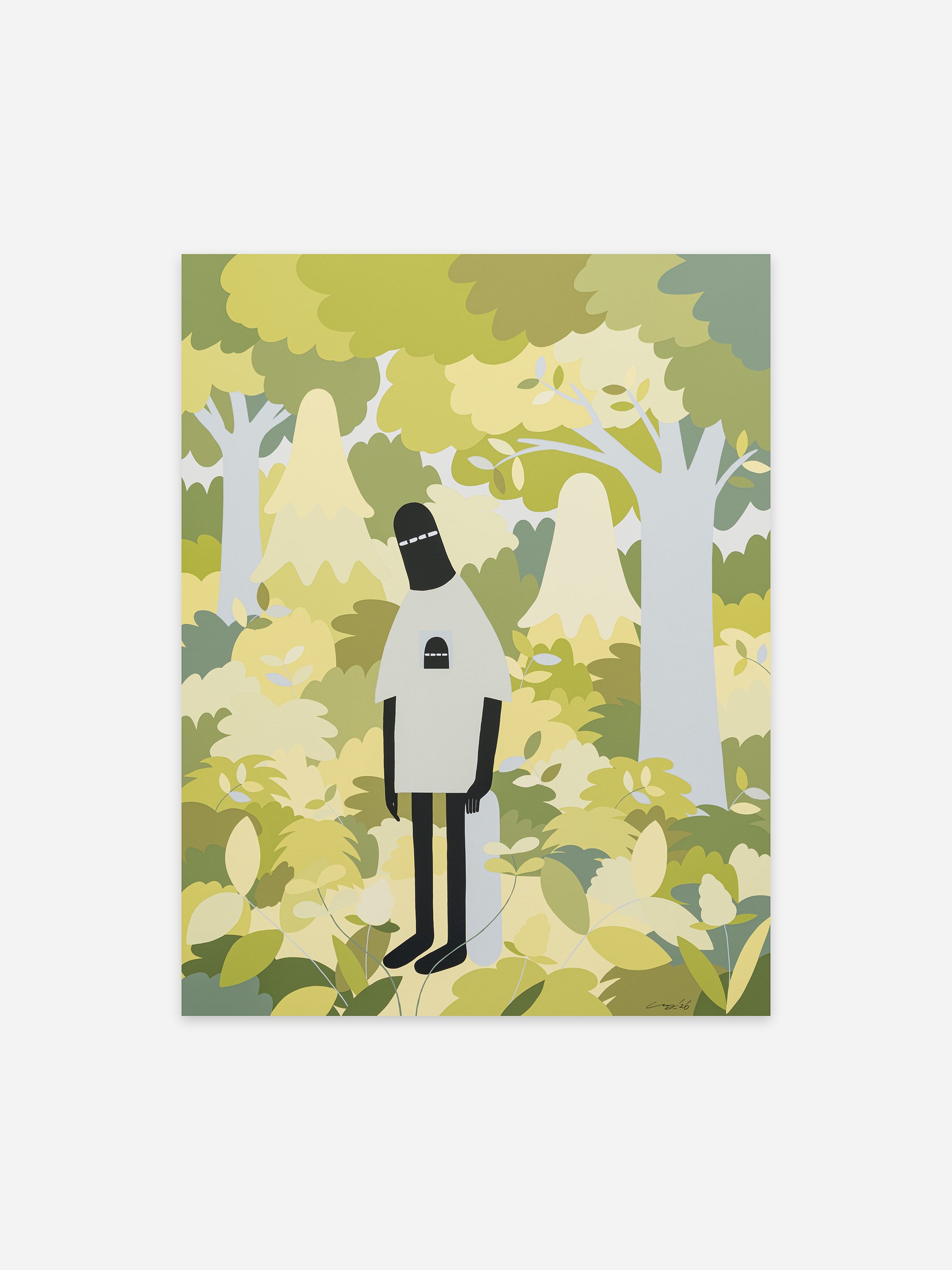 Abstract art of a dark figure in a forest with stylised trees and leaves in shades of green and yellow.
