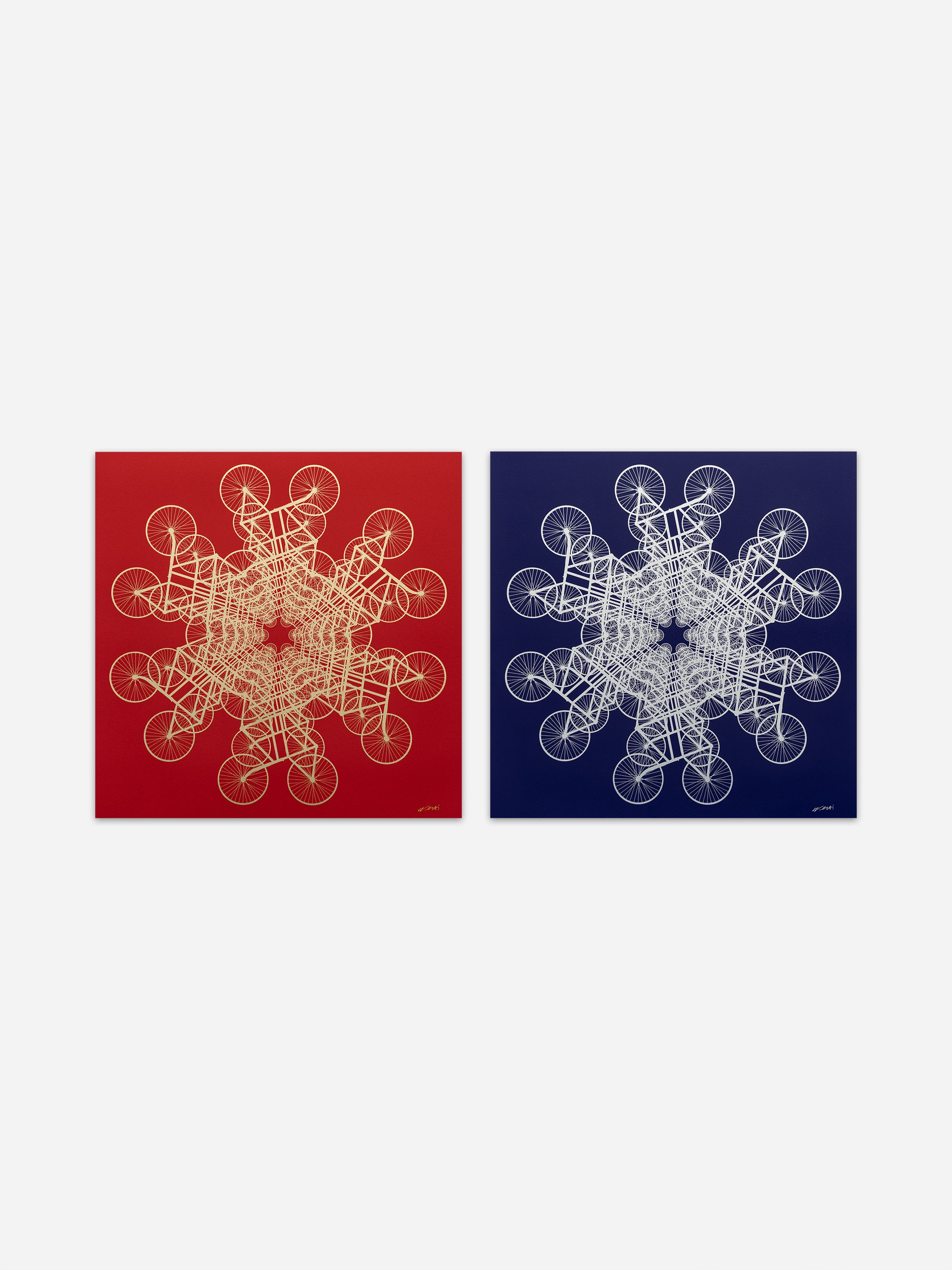 Two square artworks: left is red, right is purple, both featuring intricate, symmetrical bicycle wheel designs in white.