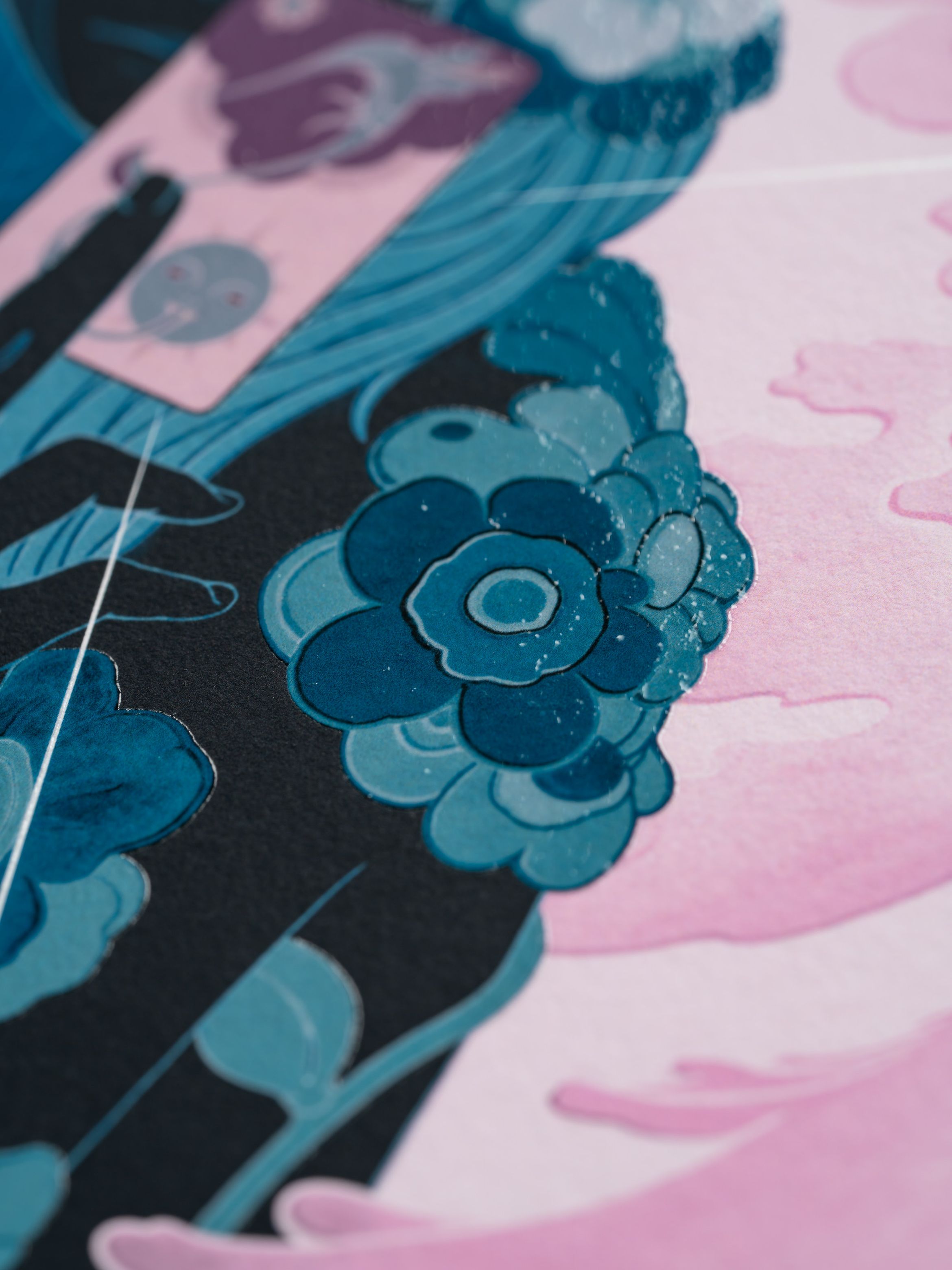 Abstract artwork with blue and pink hues, featuring floral patterns and flowing shapes on a textured surface.