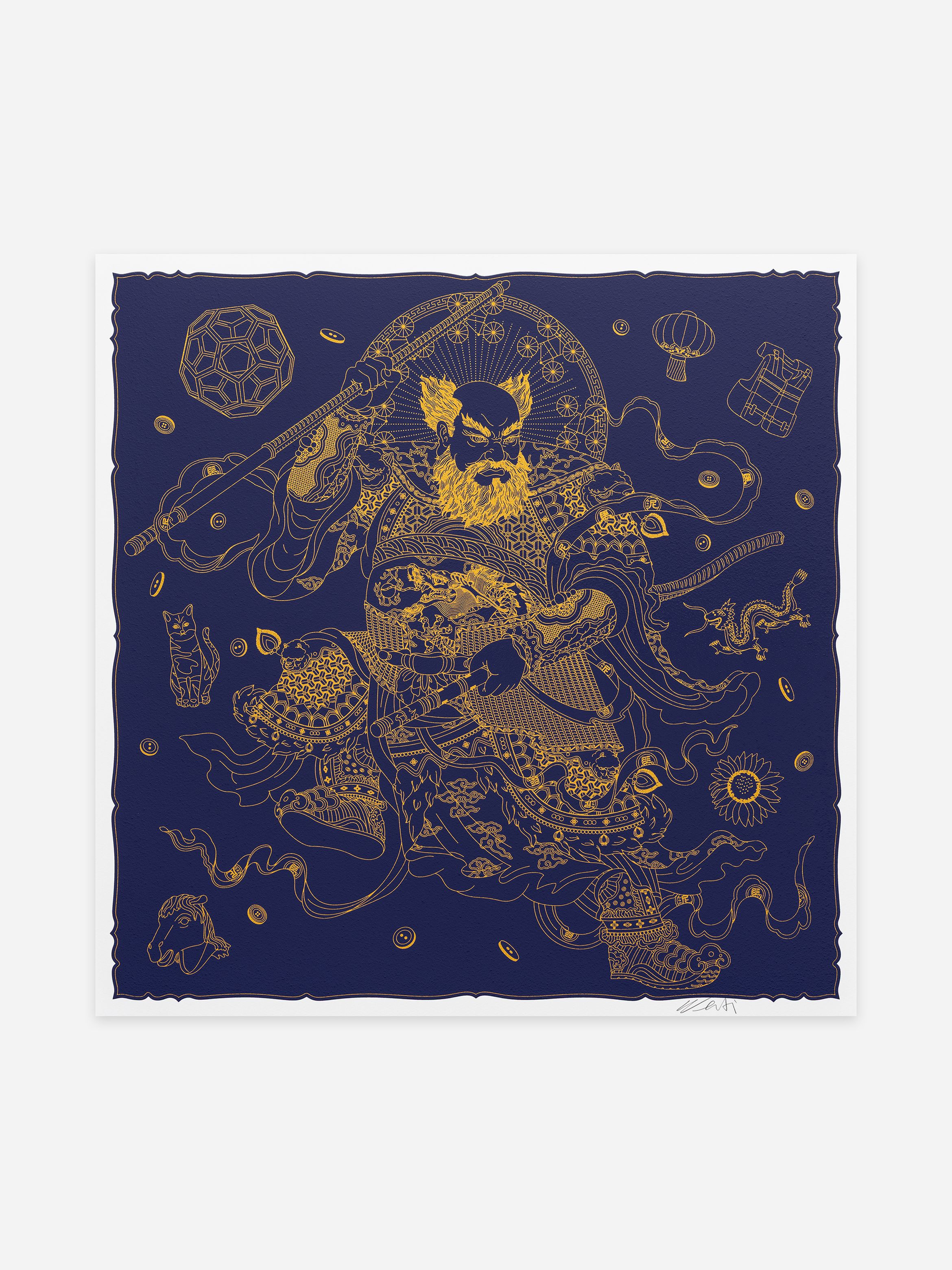 Intricate golden line art of a mythical warrior with ornate armour and a staff, surrounded by symbols on a deep blue background.