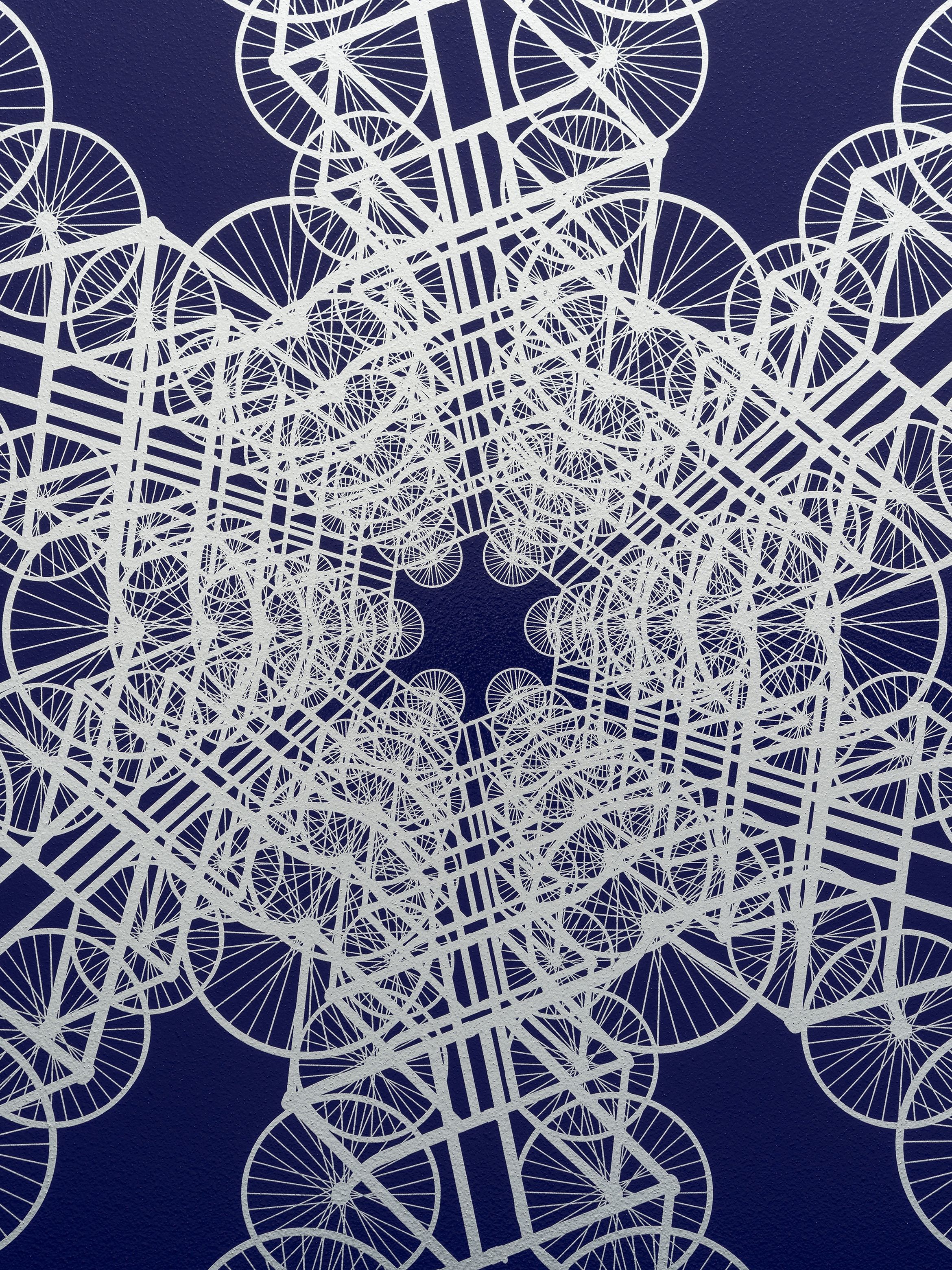 Abstract design of overlapping white bicycle wheels and frames on a purple background, creating a kaleidoscope effect.