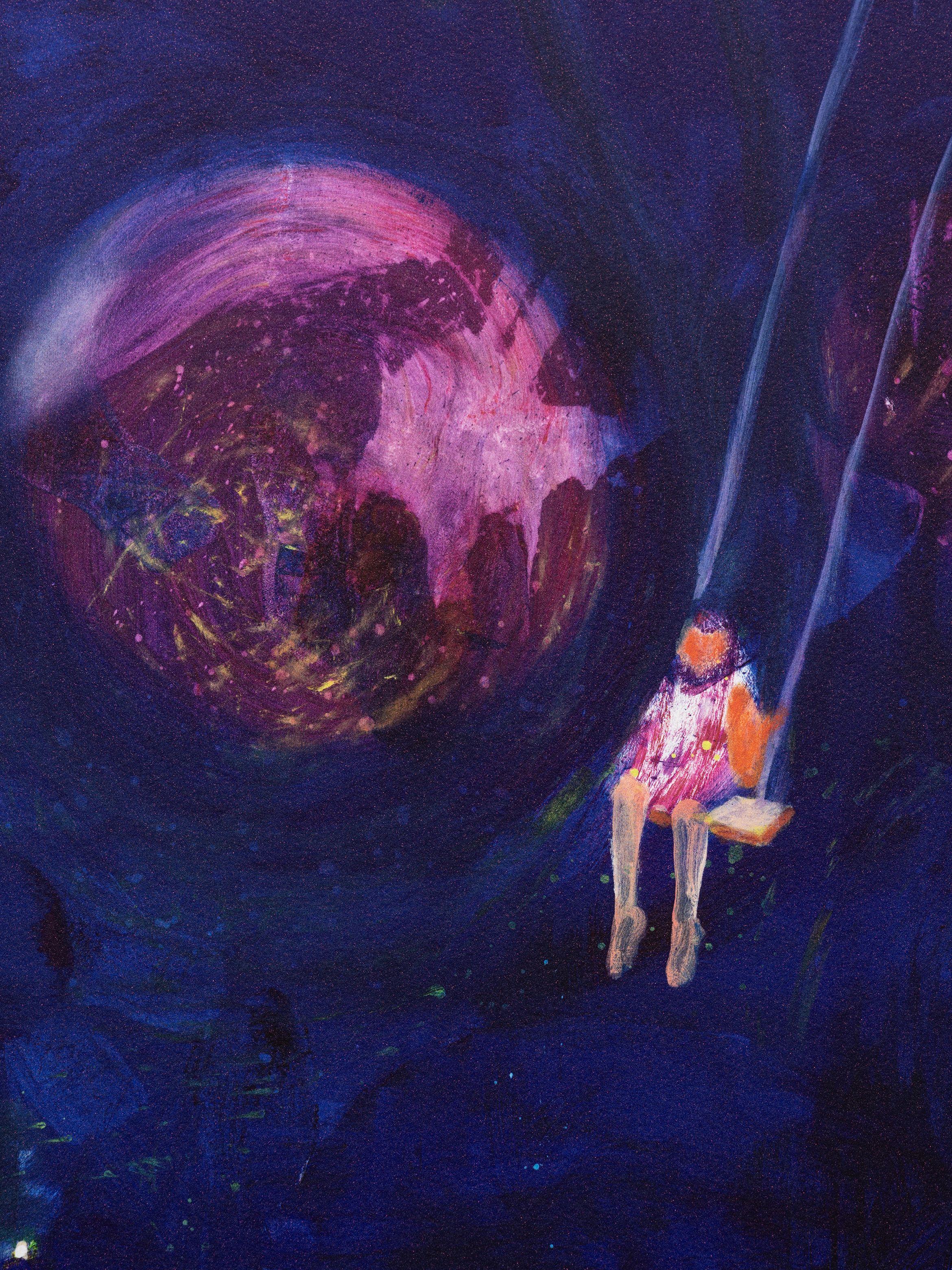 Straight-on detail of an UV pigment print by Katherine Bradford.