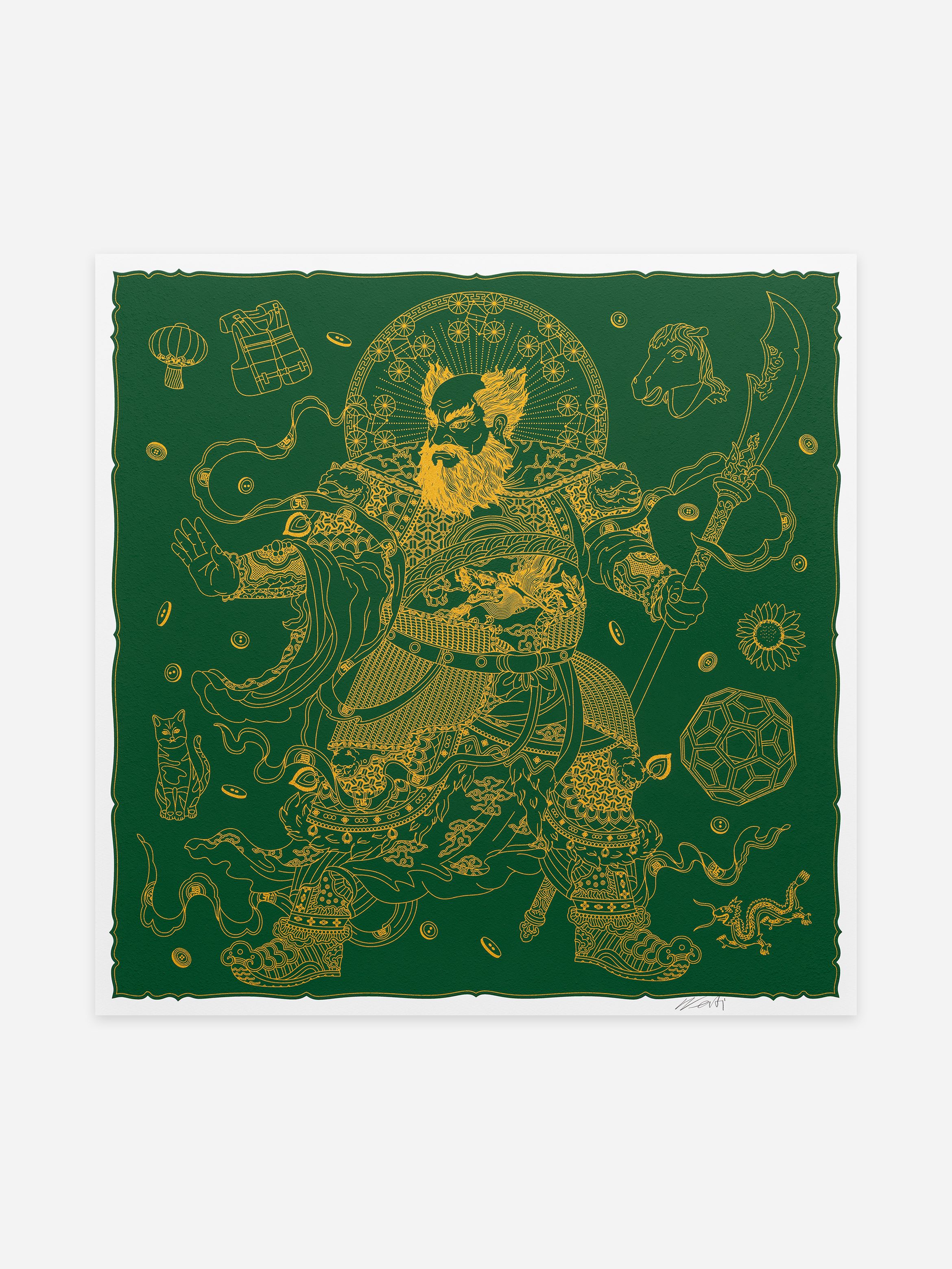 Intricate gold illustration of a warrior with a sword and halo on a deep green background, surrounded by mythical elements and symbols.
