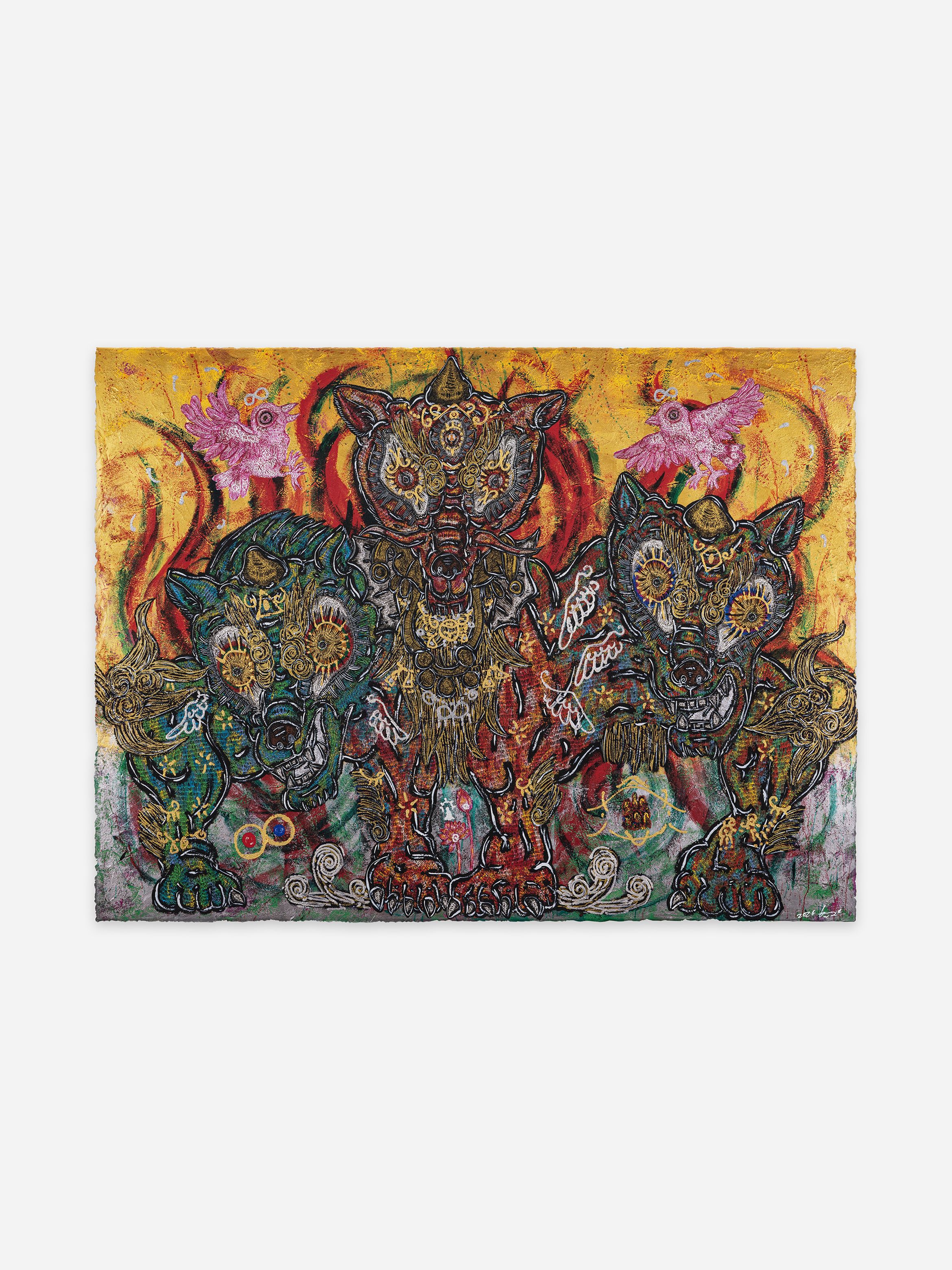 Colourful abstract painting featuring intricate, stylised animals and birds with vibrant details on a textured yellow background. Colourful abstract painting featuring intricate, stylised animals and birds with vibrant details on a textured yellow background.