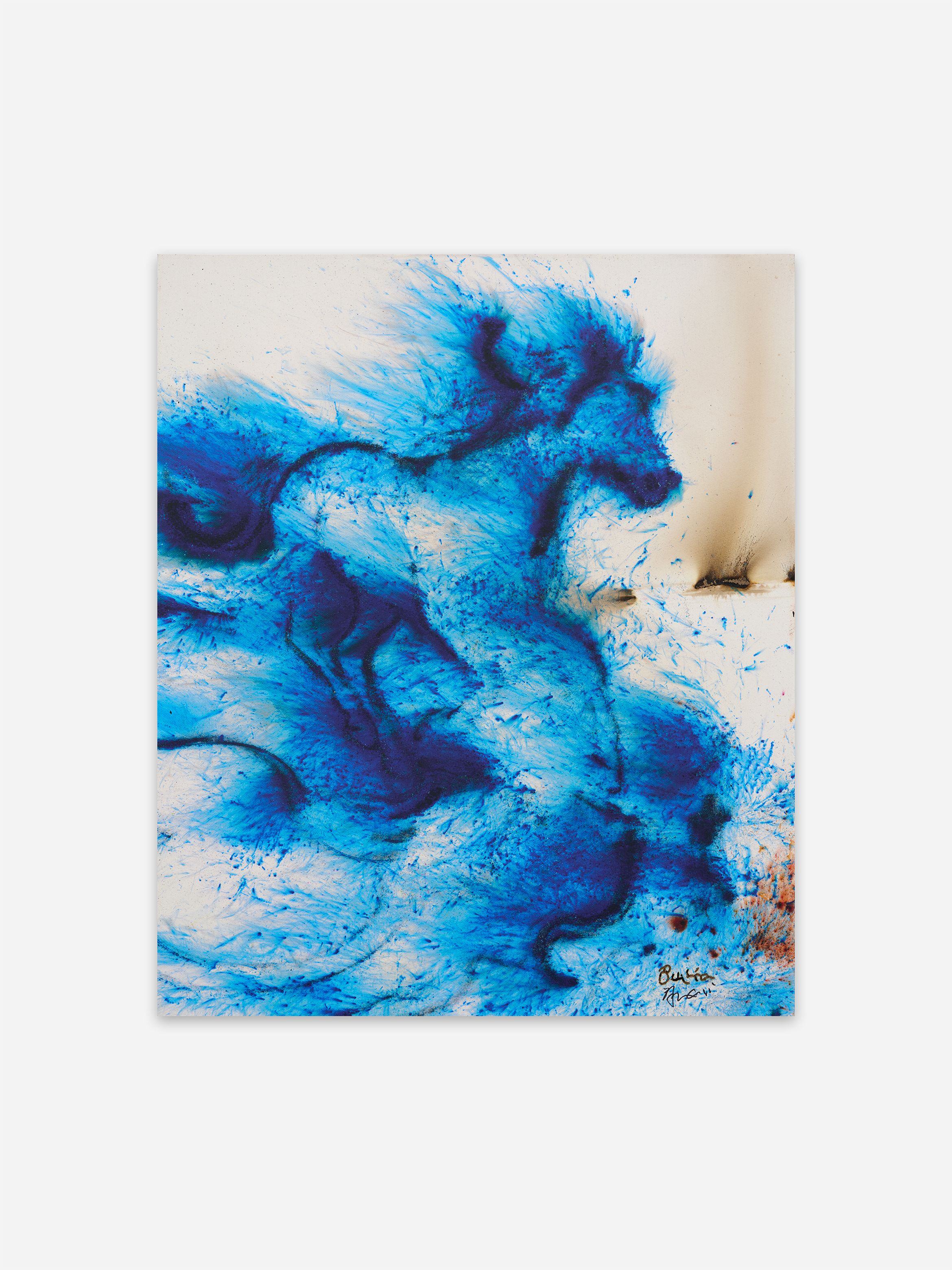 Abstract painting in vibrant blue tones depicting a dynamic figure, possibly a horse, with swirling, textured brushstrokes on a light background.