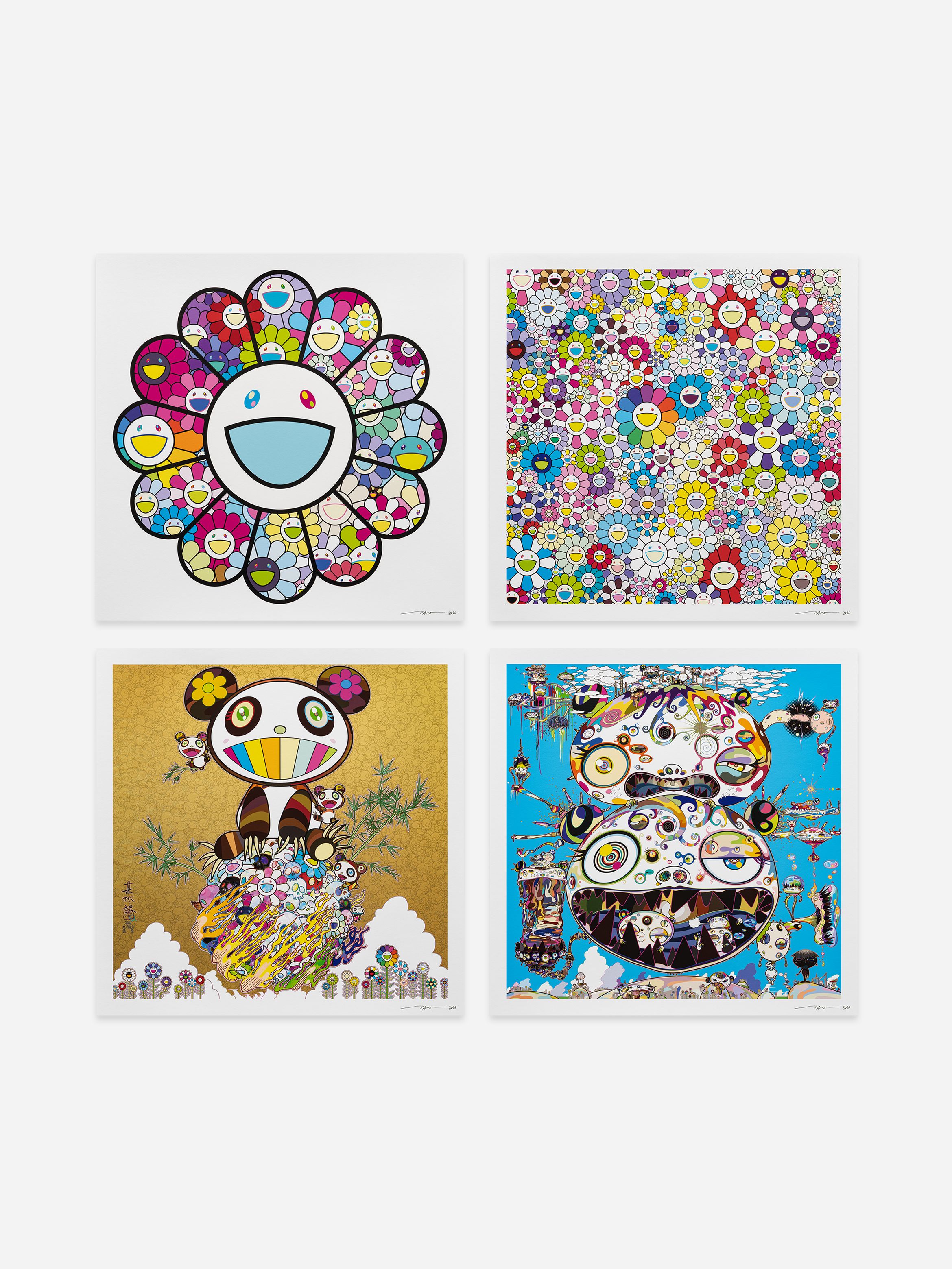 A collage of four colourful, abstract artworks featuring cartoonish flowers and playful characters in vibrant, intricate designs.