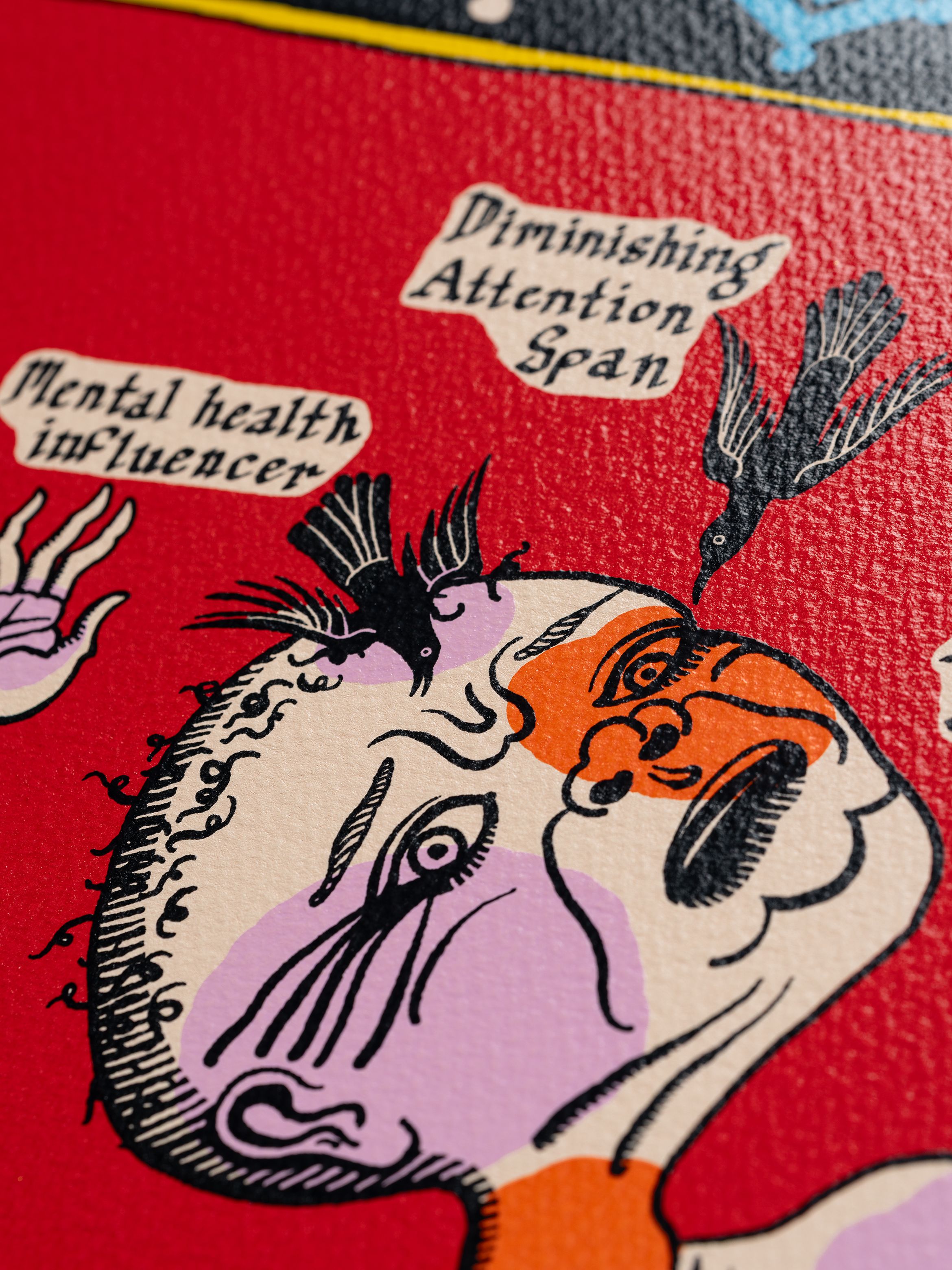 Illustrated head on red background with text labels: "Mental health influencer" and "Diminishing attention span," featuring birds and abstract patterns.