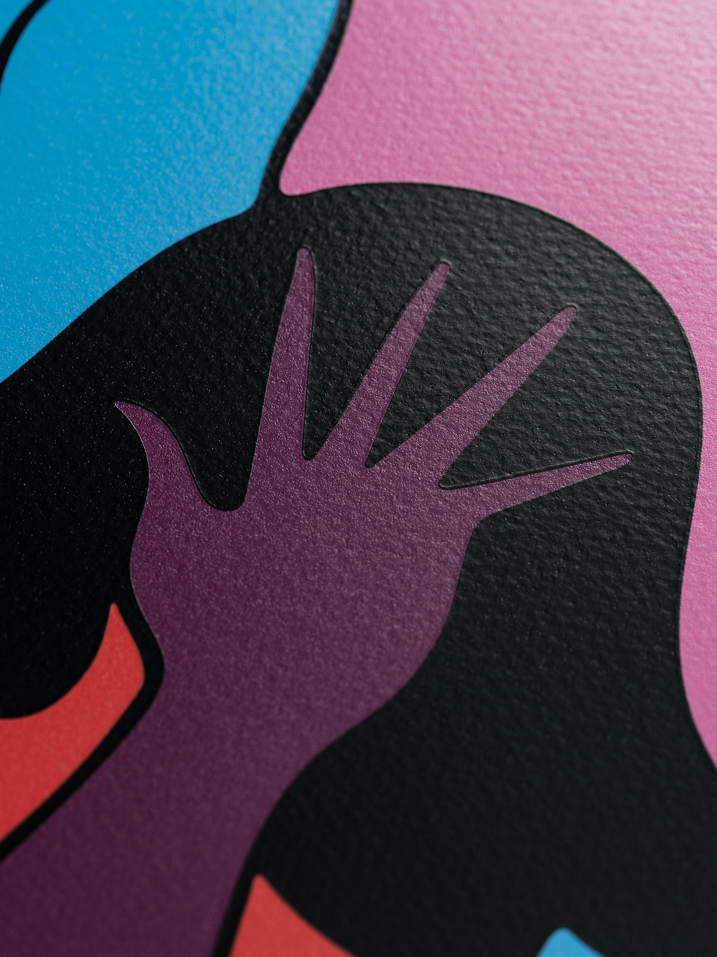 Abstract illustration with a purple hand silhouette on pink, blue, and black coloured background, featuring textured designs.