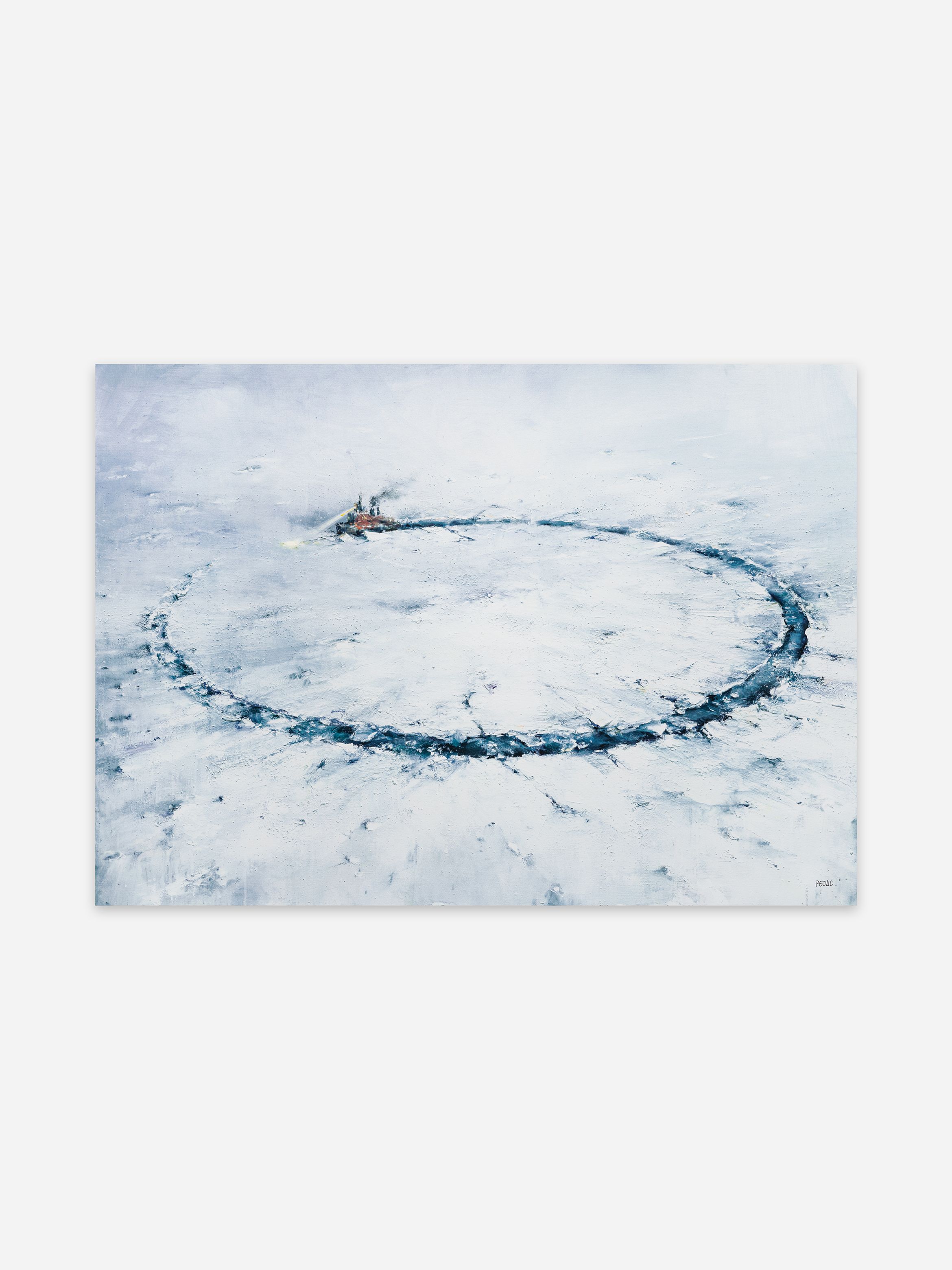 Painting of an icebreaker ship forming a large circular path in the ice, surrounded by snow-covered terrain under an overcast sky. Painting of an icebreaker ship forming a large circular path in the ice, surrounded by snow-covered terrain under an overcast sky.