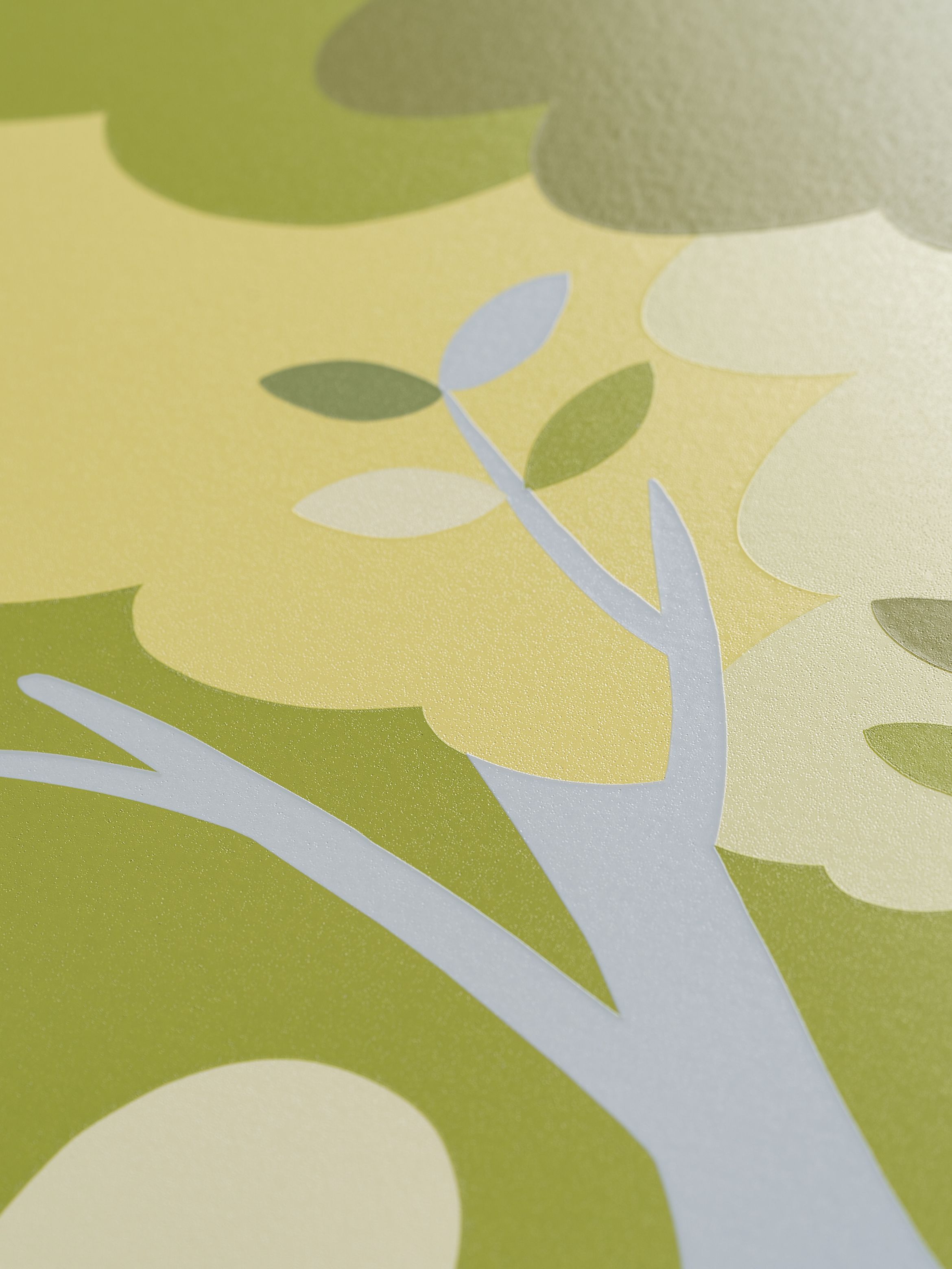 Abstract illustration of a tree with blue branches and green and yellow leaves on a textured surface.