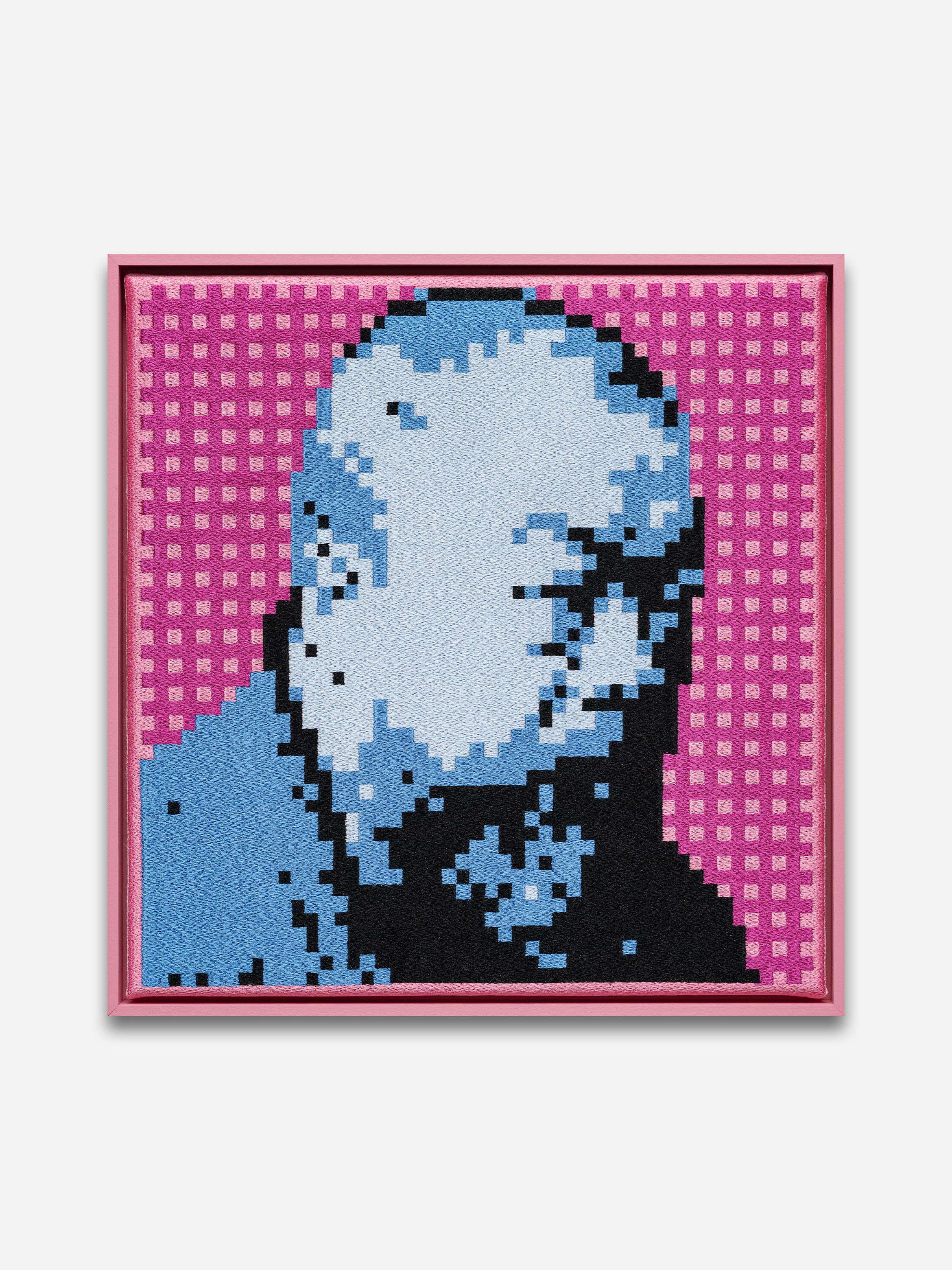 Framed pixel-art portrait of a bald head in blue and black against a pink checked background. Framed pixel-art portrait of a bald head in blue and black against a pink checked background.