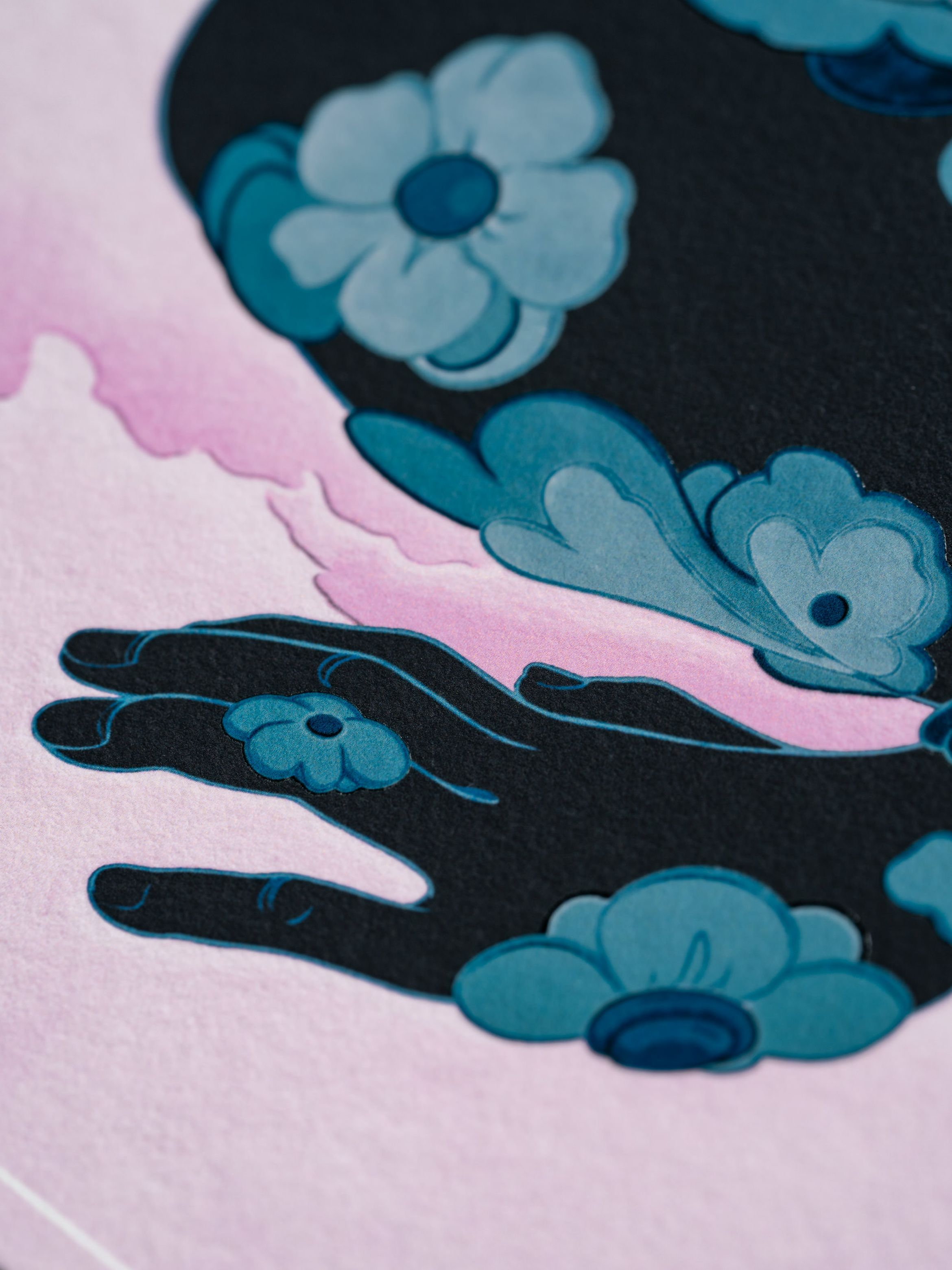 Close-up of an abstract illustration featuring a stylised hand with blue flowers on a pink background.