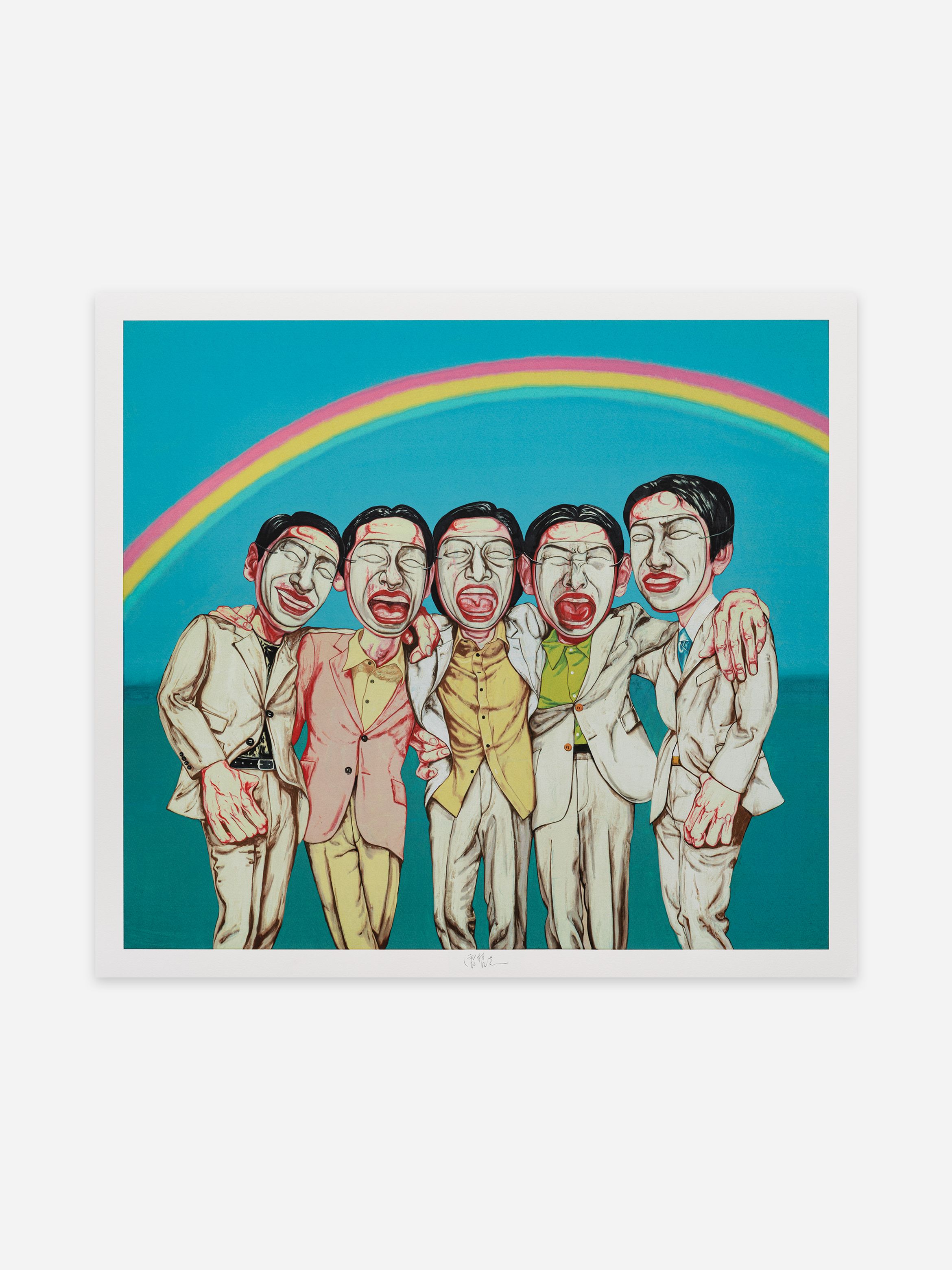 Five men in suits, laughing with exaggerated expressions, stand under a vibrant rainbow on a bright blue background.