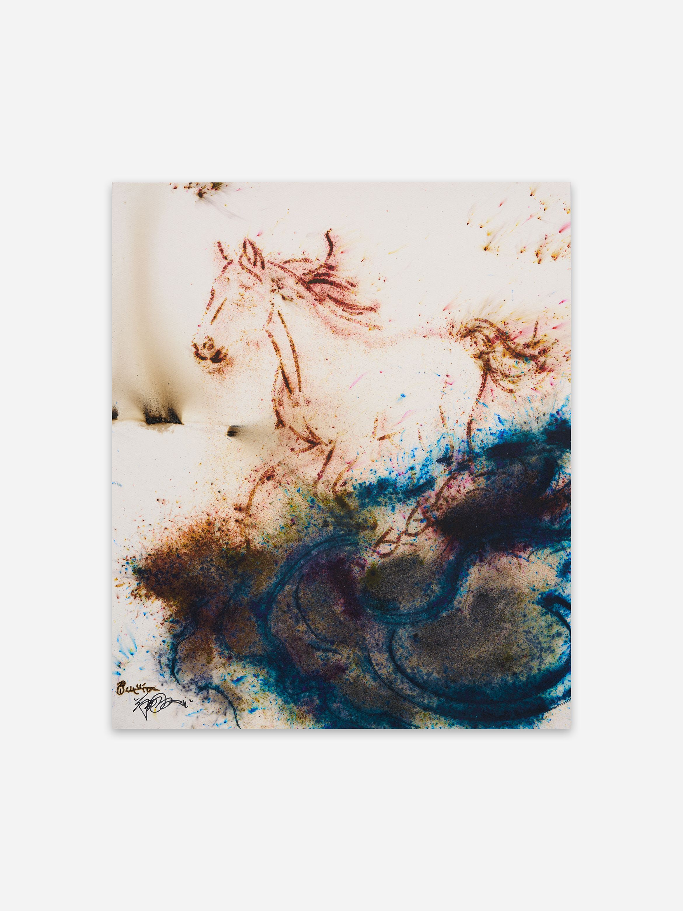 Abstract painting of a horse using swirling colours of blue, brown, and red. The horse appears in motion, creating a dynamic, energetic feel. Abstract painting of a horse using swirling colours of blue, brown, and red. The horse appears in motion, creating a dynamic, energetic feel.