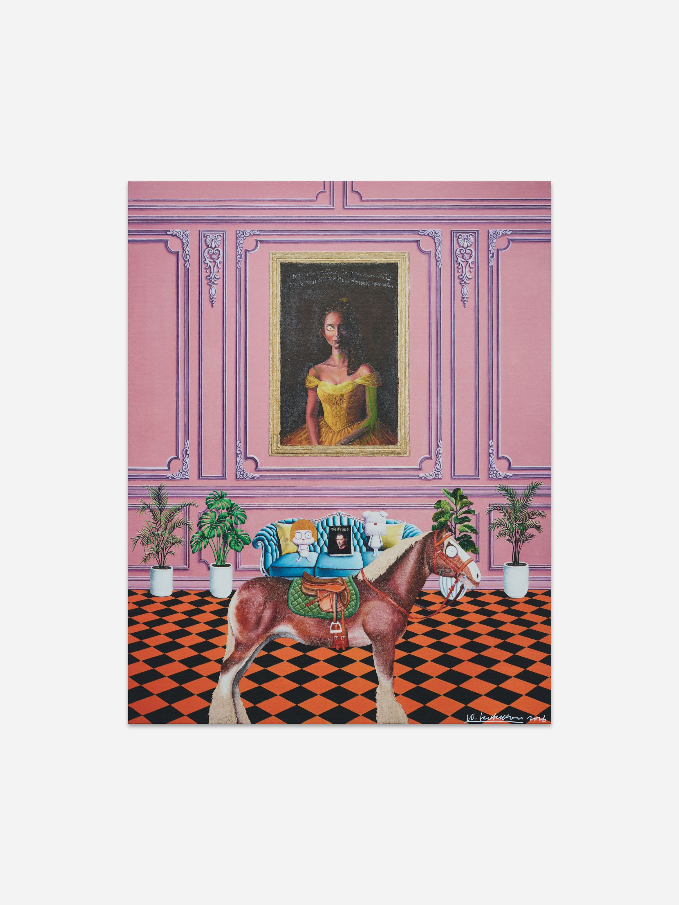 A stylized room with a pink wall, ornate portrait, two potted plants, blue sofa with cushions, and a horse on a checkered floor. A stylized room with a pink wall, ornate portrait, two potted plants, blue sofa with cushions, and a horse on a checkered floor.