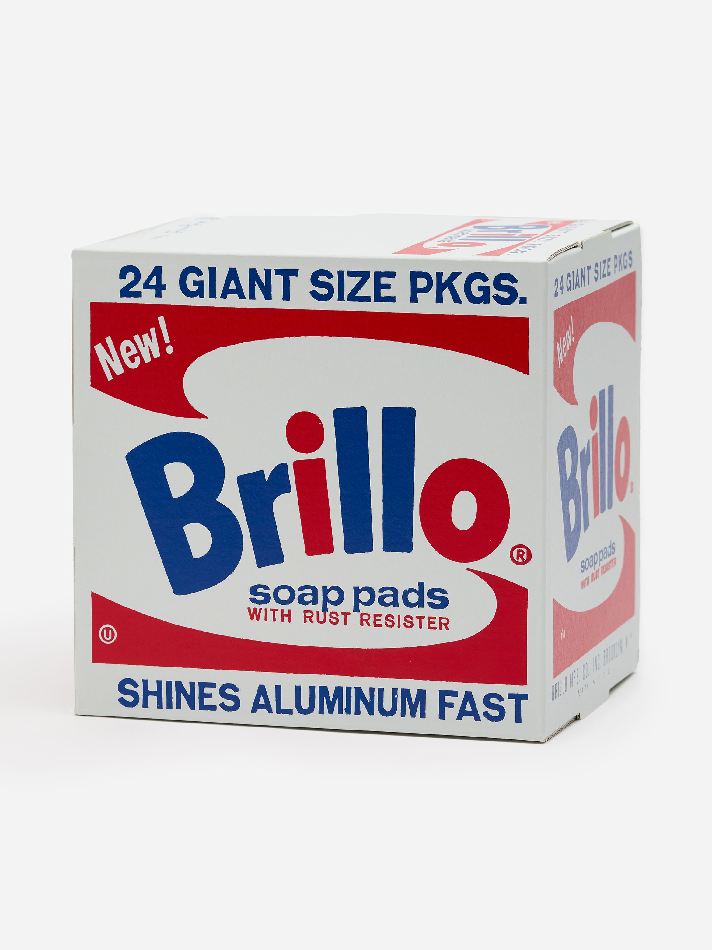 Box of Brillo soap pads with a white background, red and blue branding, and "24 Giant Size Pkgs." text on the top.