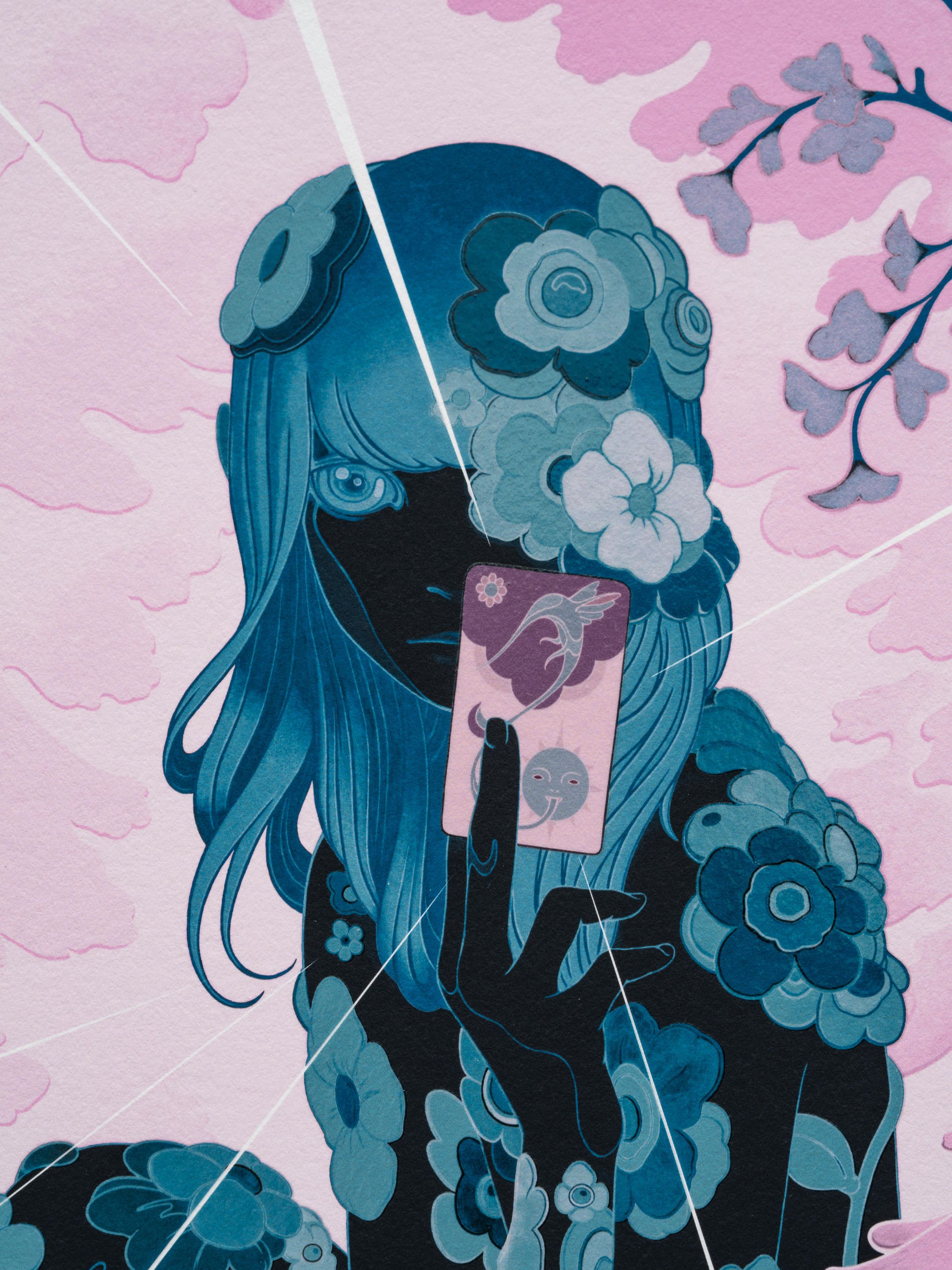 Stylised illustration of a person with floral patterns, holding a card. Pink and blue hues dominate the image, with cherry blossoms in the background.