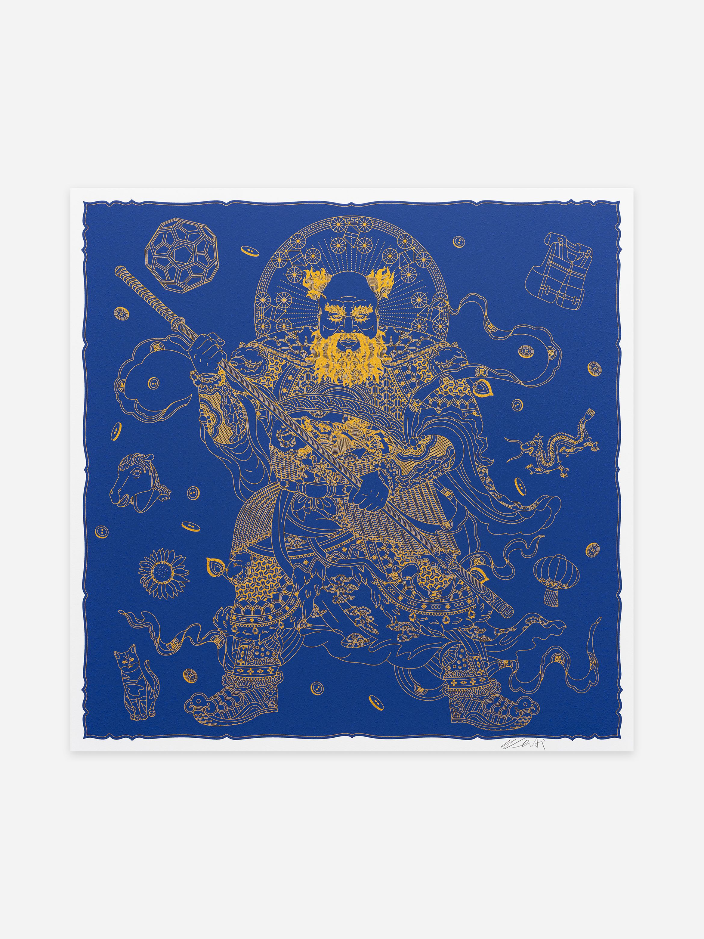 Intricate golden illustration of a bearded warrior in ornate armour on a blue background, surrounded by geometric and floral designs.